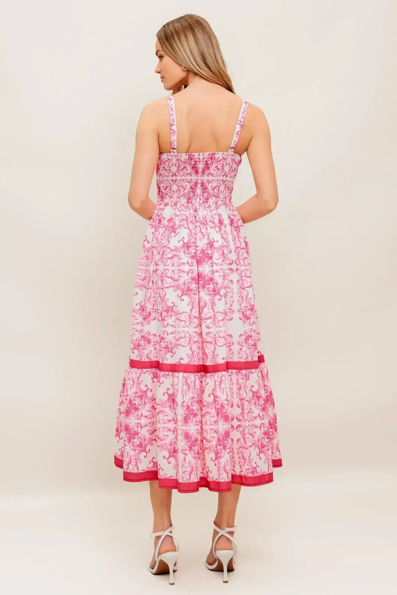 ROSALIE MIDI DRESS - PINK SCROLL PRINT