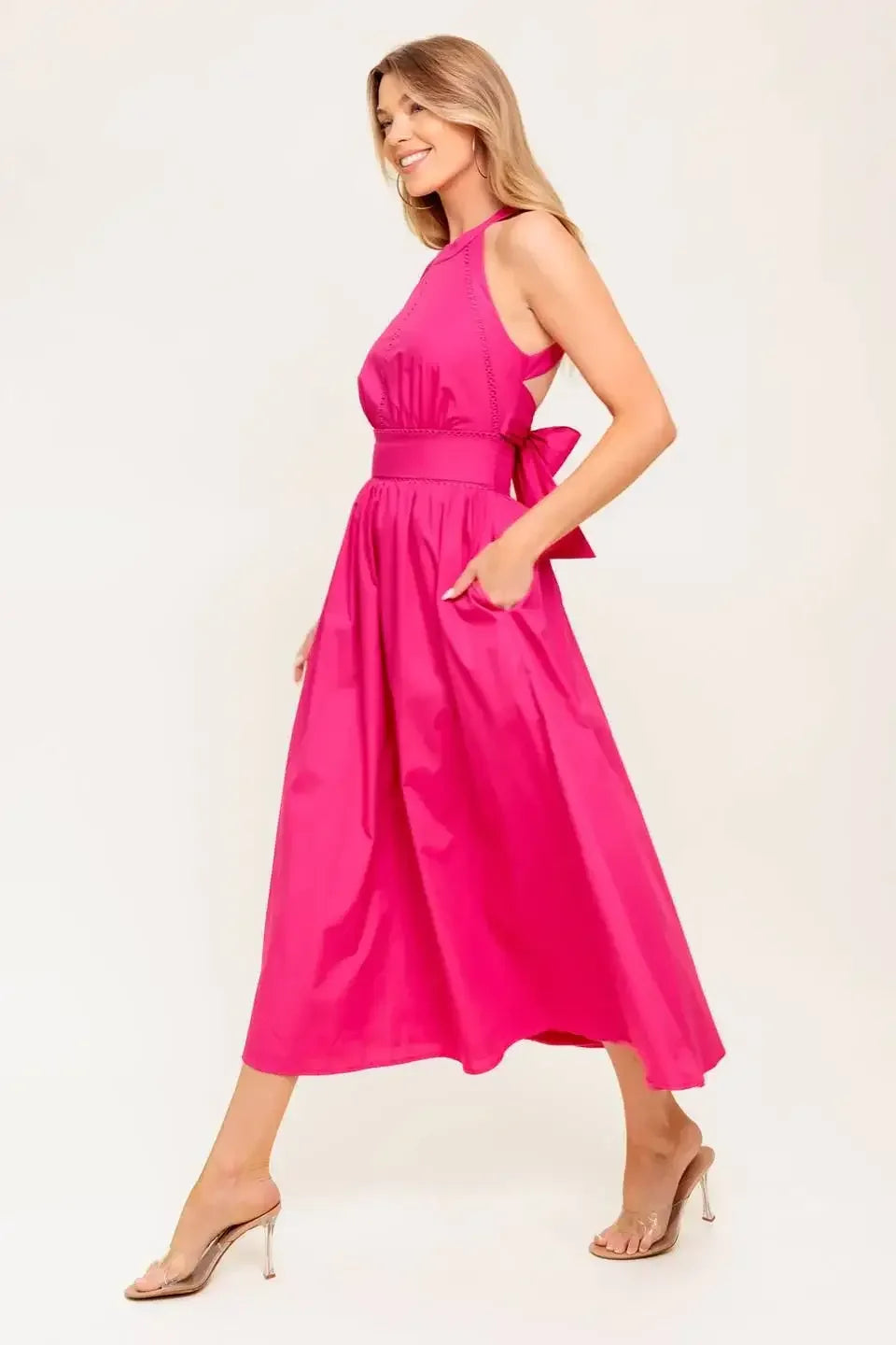 SOLEIL FUCHSIA HALTER MIDI DRESS
