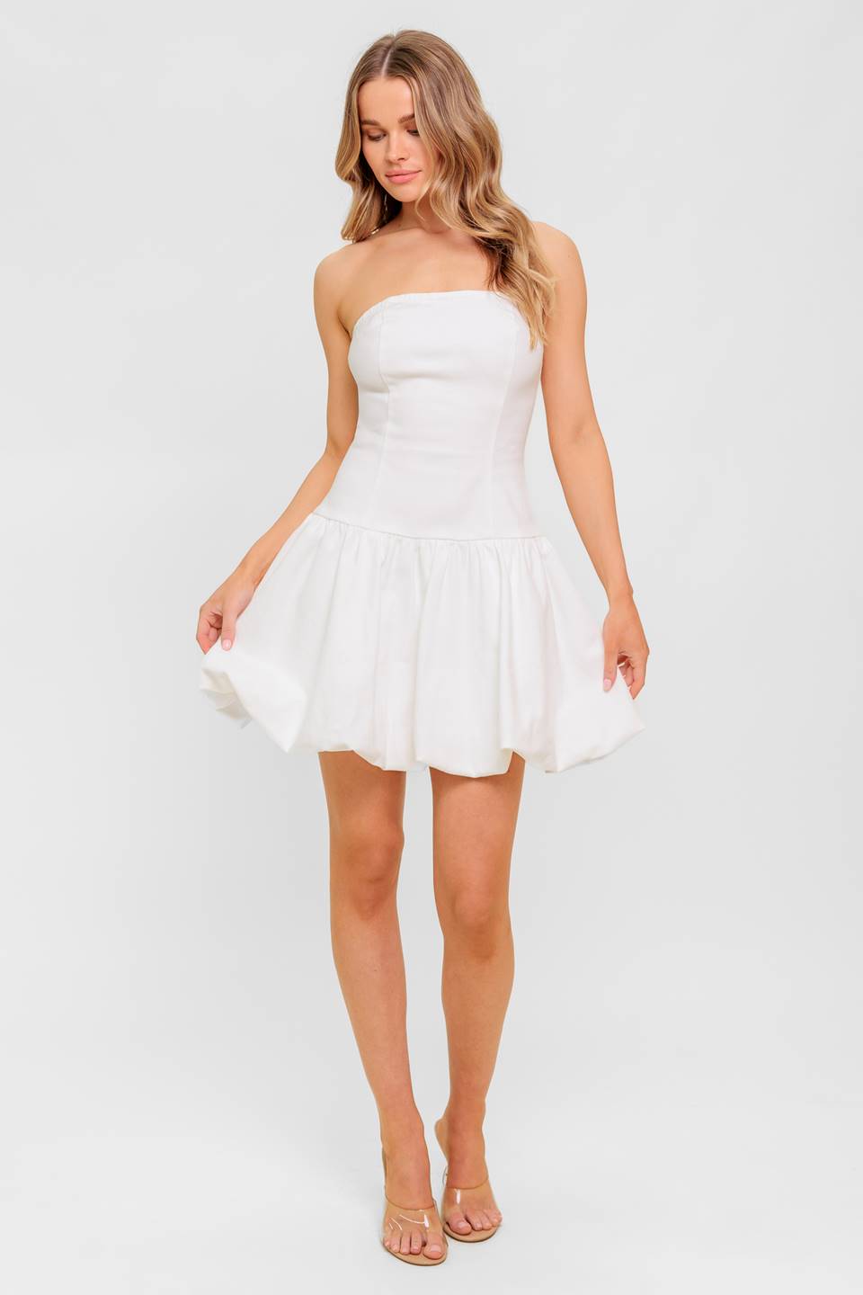 Twilight Wish - White Denim Bubble Hem Mini Dress White Denim / M Twilight Wish - White Denim Bubble Hem Mini Dress White Denim / M