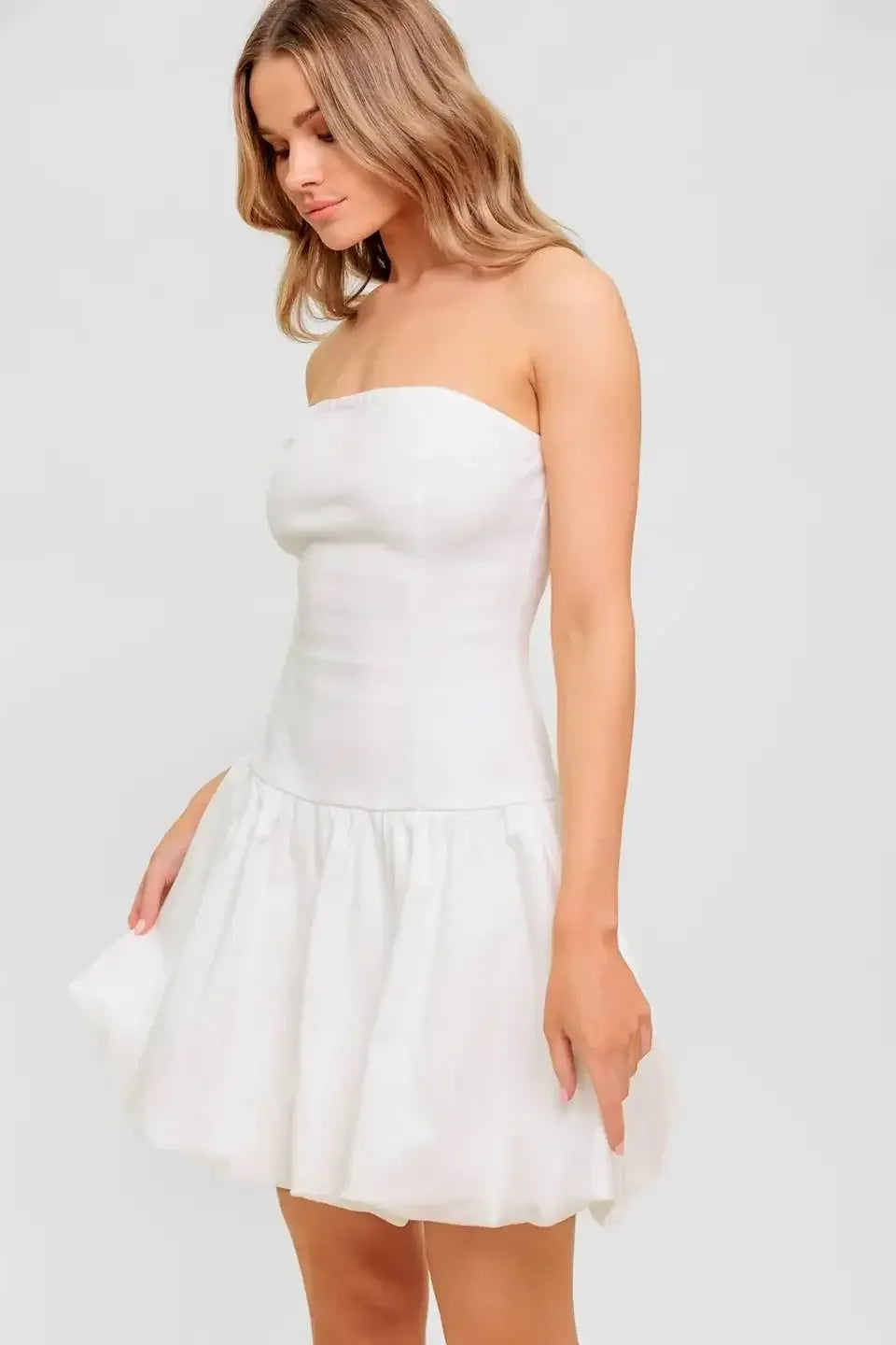 TWILIGHT WISH - WHITE DENIM BUBBLE HEM MINI DRESS