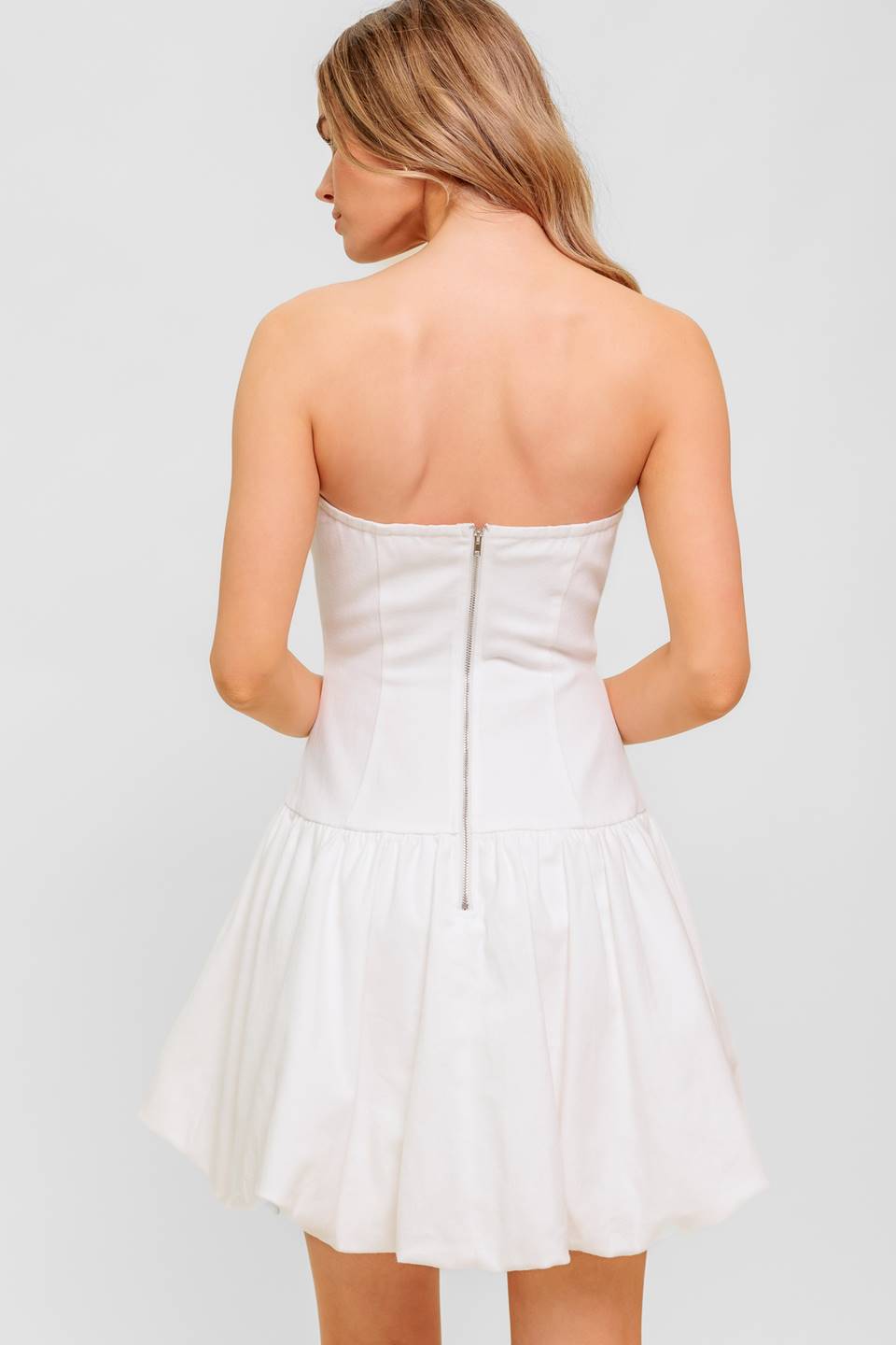 TWILIGHT WISH - White DENIM BUBBLE HEM MINI DRESS White DENIM / M TWILIGHT WISH - White DENIM BUBBLE HEM MINI DRESS White DENIM / M