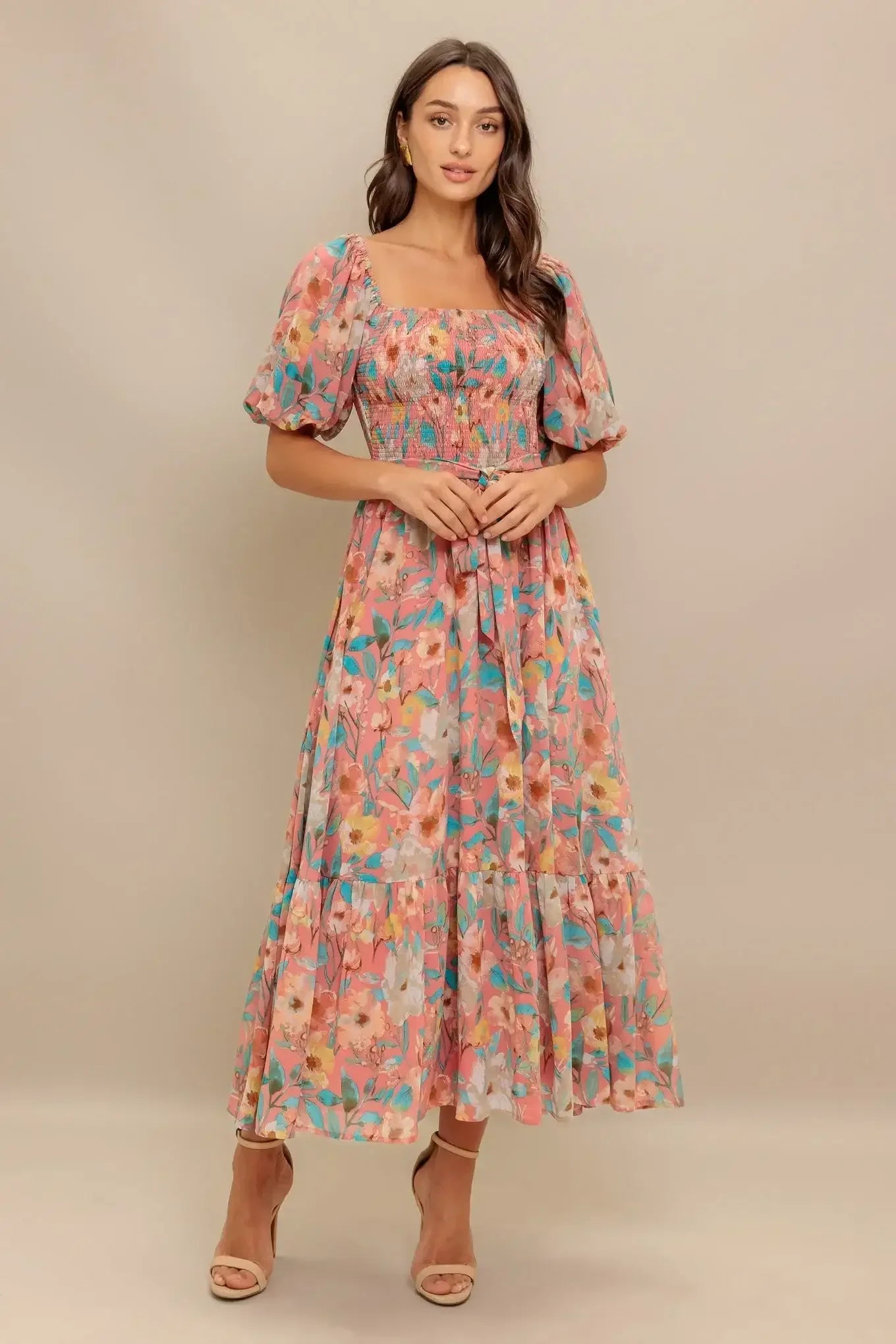 ROSY TWILIGHT FLORAL MIDI DRESS