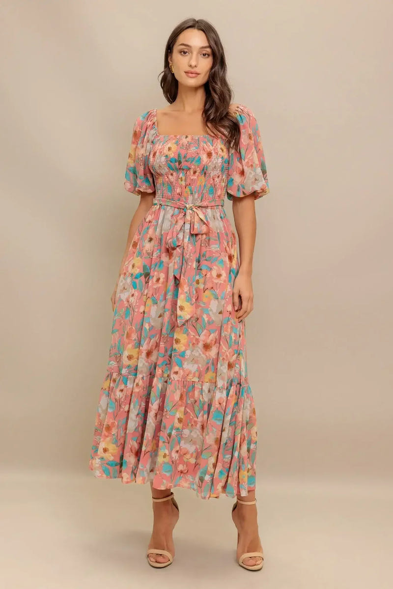 ROSY TWILIGHT FLORAL MIDI DRESS