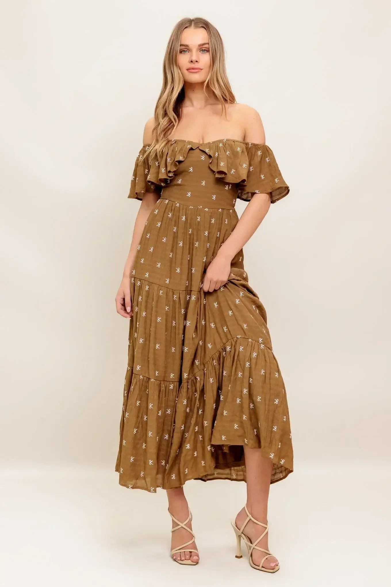 BELLE AMOUR OFF SHOULDER BROWN MIDI DRESS