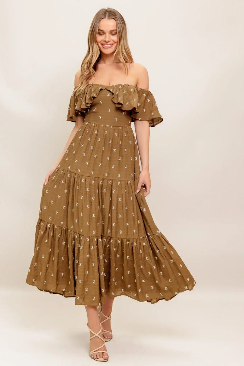 BELLE AMOUR OFF SHOULDER BROWN MIDI DRESS