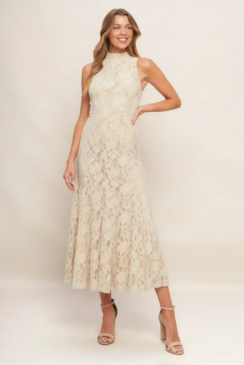 ELEGANT FLORAL STRETCH LACE MIDI DRESS - FINAL SALE