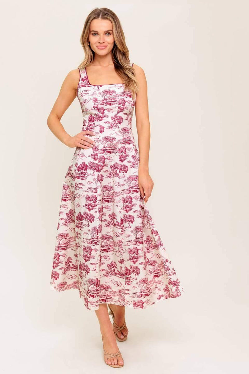 RASPBERRY ROSÉ TOILE MIDI DRESS - BERRY