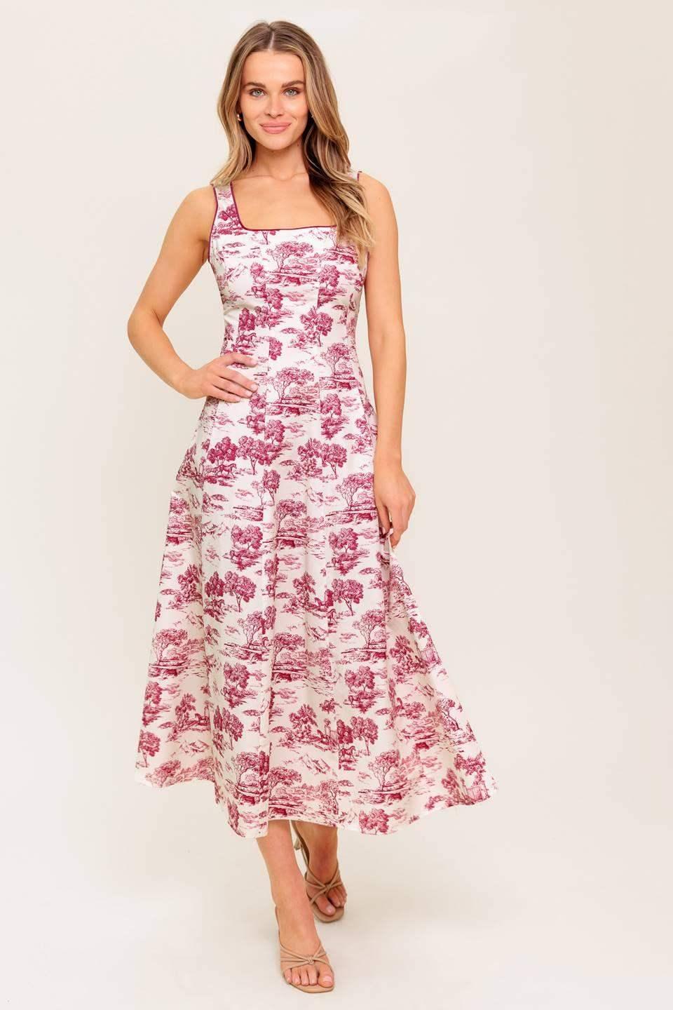 RASPBERRY ROSÉ TOILE MIDI DRESS - BERRY