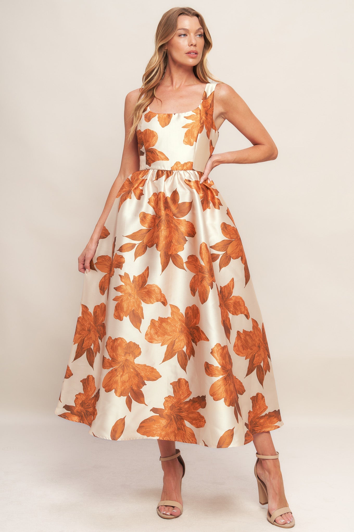 Lady Black Tie - Fall Floral Satin Midi Dress - Rust