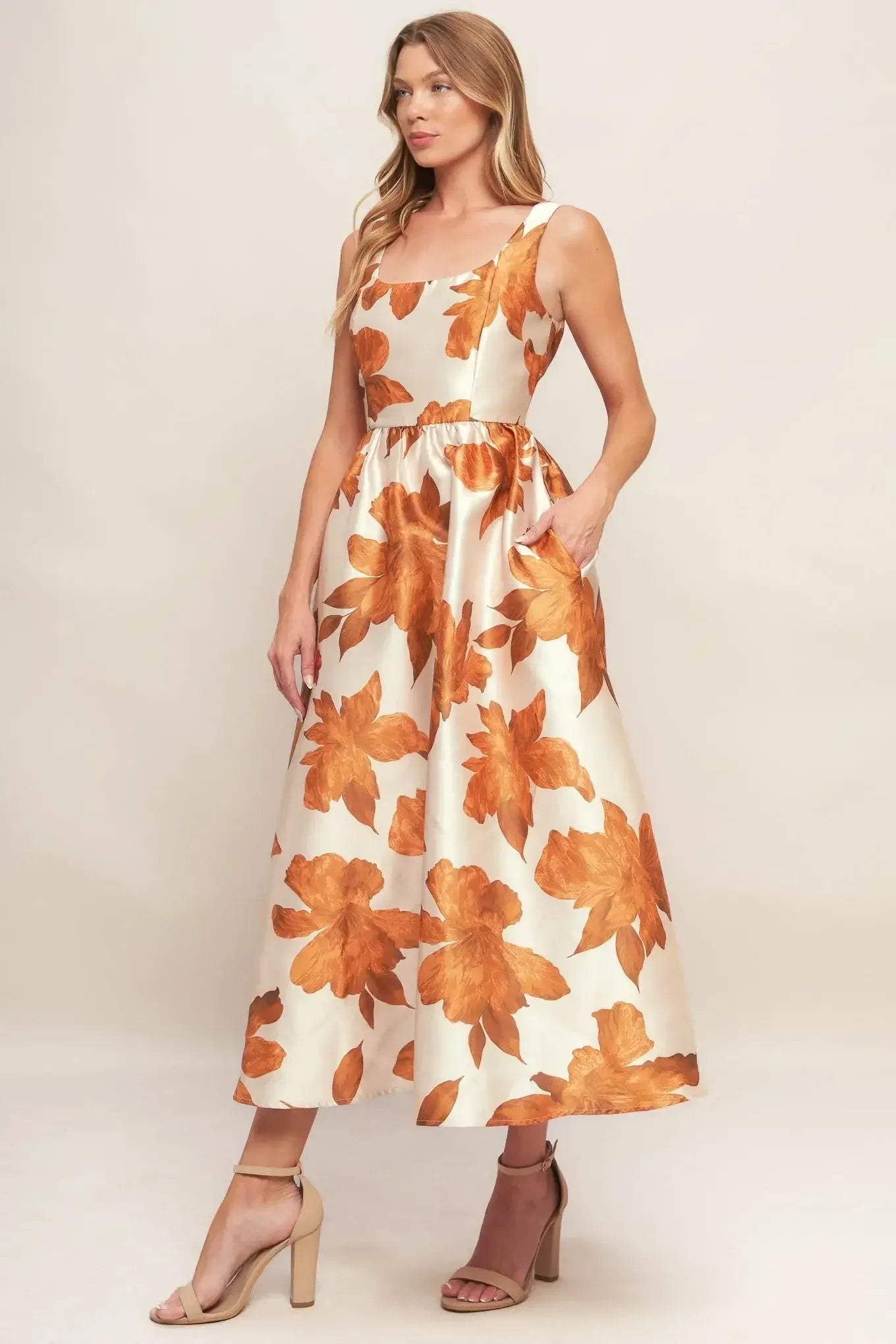 FALL FLORAL SATIN MIDI DRESS - RUST
