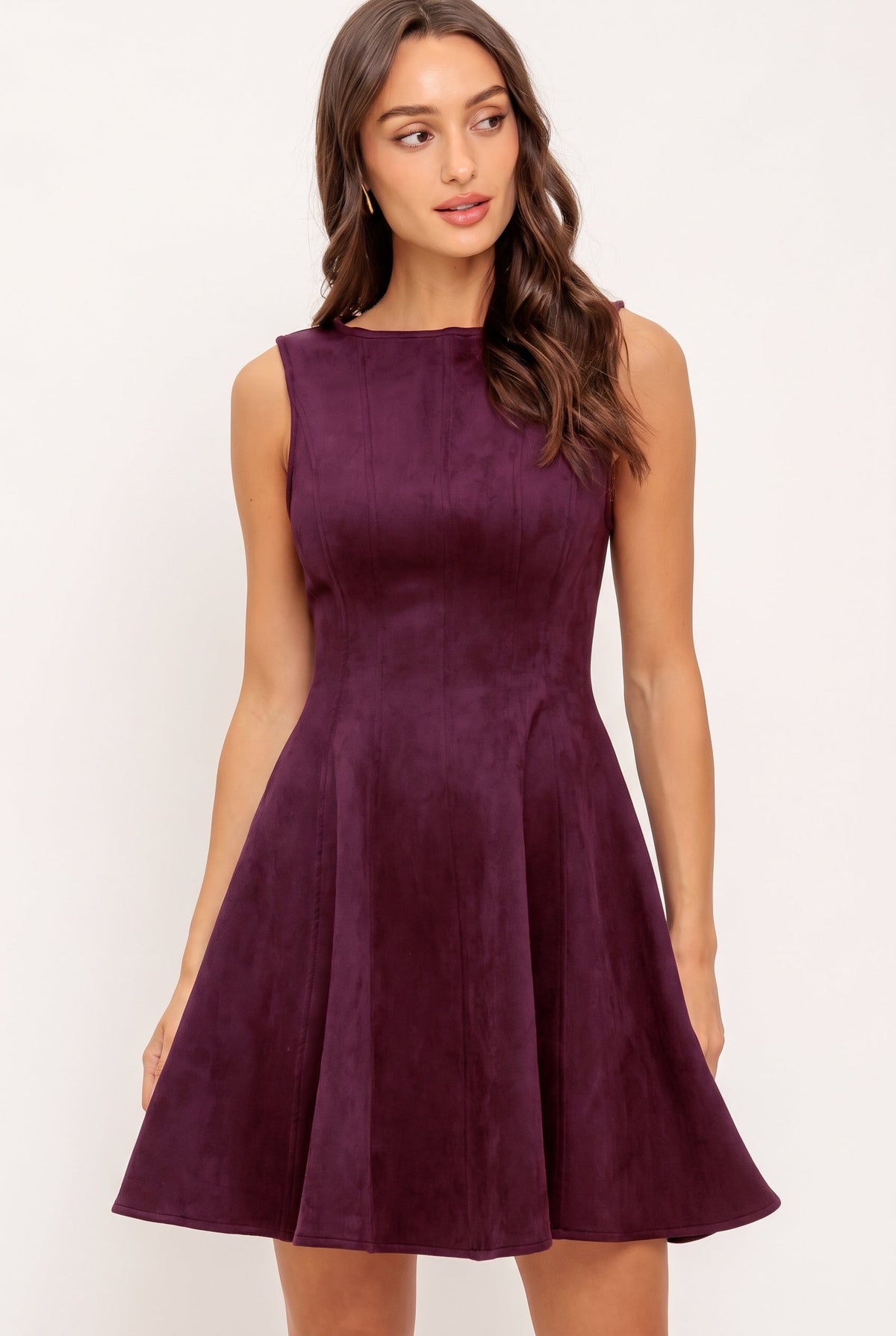 Burgundy Faux Suede Fit and Flare Mini Dress in Burgundy, front view | Lady Black Tie