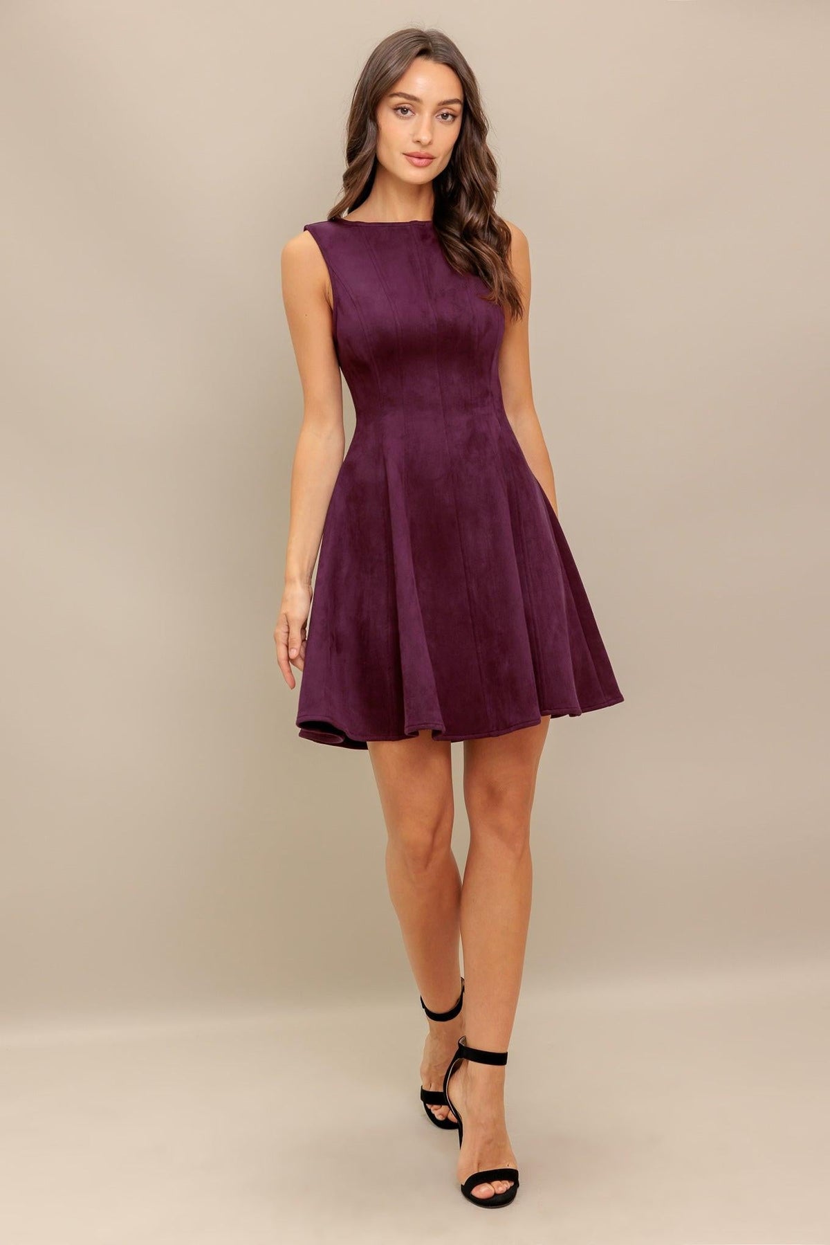 Burgundy Faux Suede Fit and Flare Mini Dress in Burgundy, alternate view | Lady Black Tie