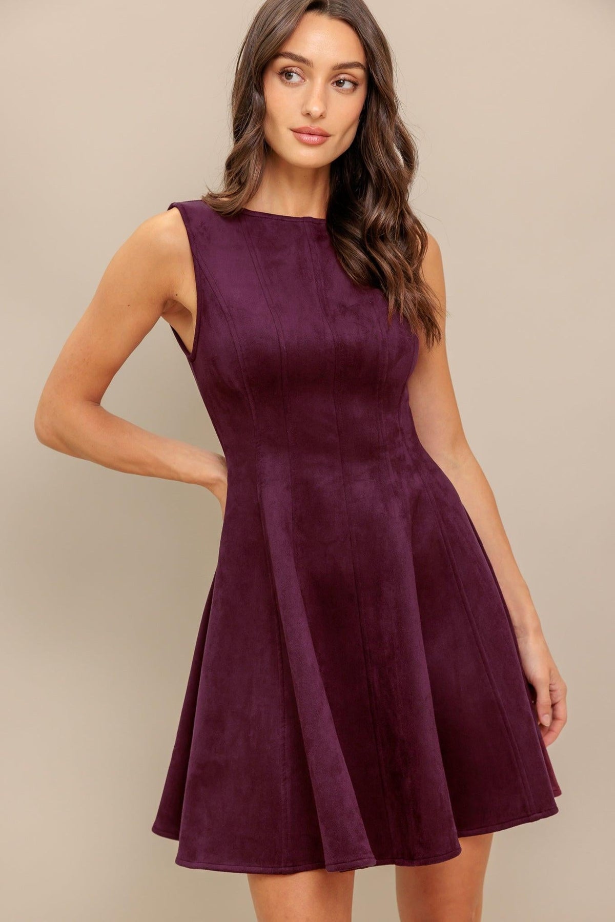 Burgundy Faux Suede Fit and Flare Mini Dress in Burgundy, alternate view | Lady Black Tie