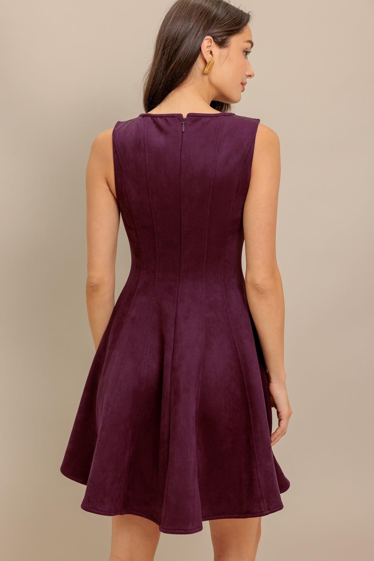 Burgundy Faux Suede Fit and Flare Mini Dress in Burgundy, alternate view | Lady Black Tie