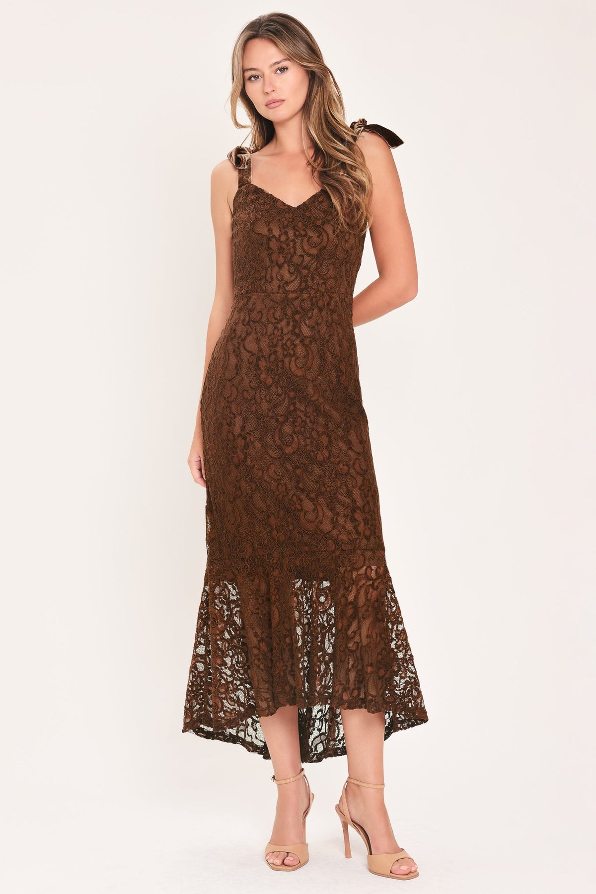 AUTUMN ROMANCE - CHESTNUT LACE & VELVET MIDI DRESS | Lady Black Tie