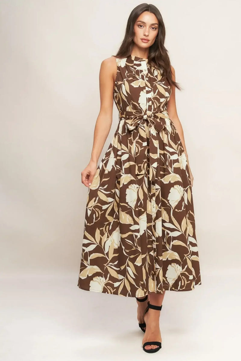 ELEGANT BLOOM BUTTON FRONT BROWN MIDI DRESS