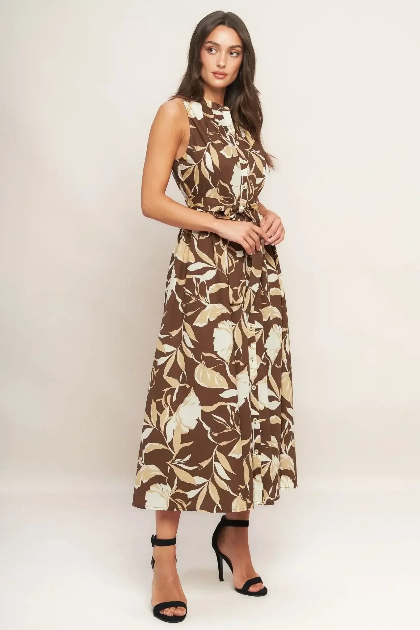 ELEGANT BLOOM BUTTON FRONT BROWN MIDI DRESS