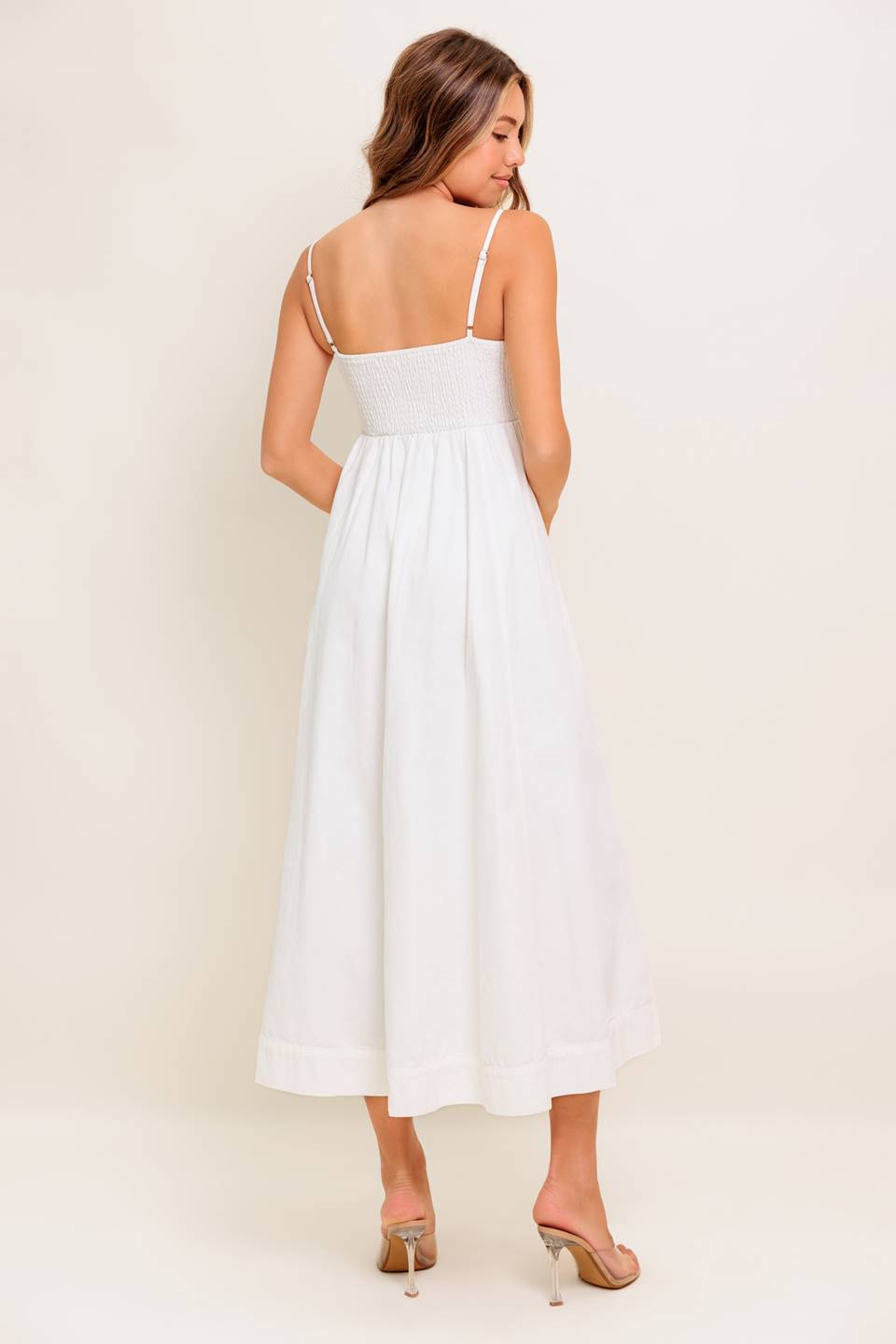 white button front midi dress Square Neck Button Up Denim A line Midi Dress - White