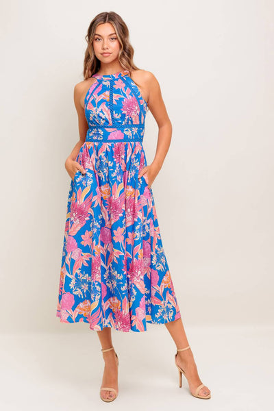 Solana Floral Halter Midi Dress – Blue & Pink
