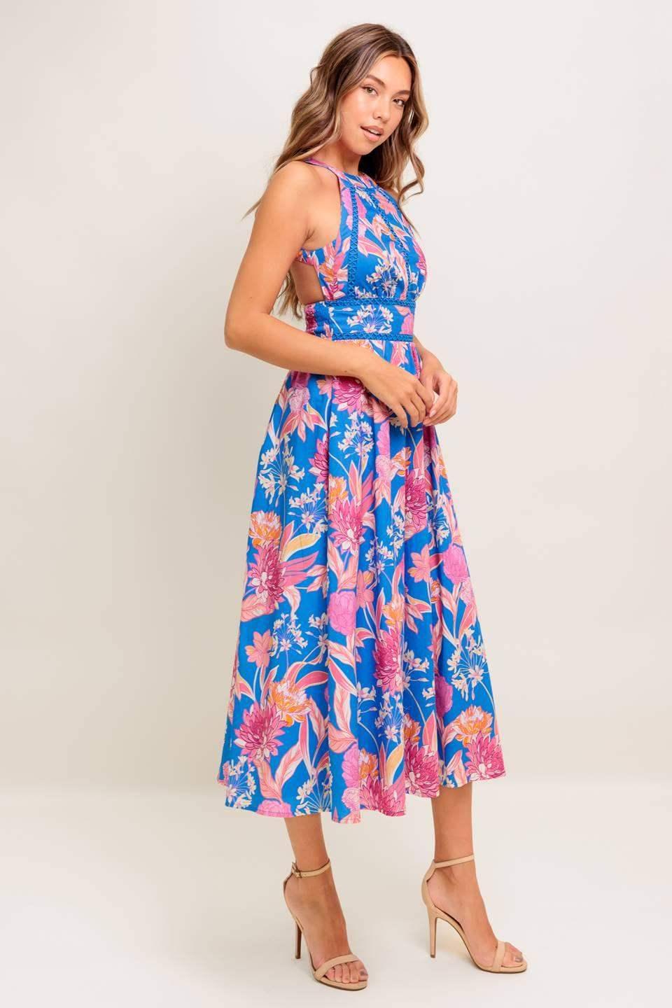 SOLANA MIDI DRESS - BLUE & PINK FLORAL HALTER DRESS