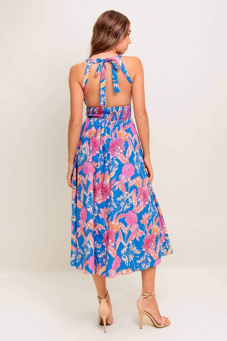 SOLANA MIDI DRESS - BLUE & PINK FLORAL HALTER DRESS