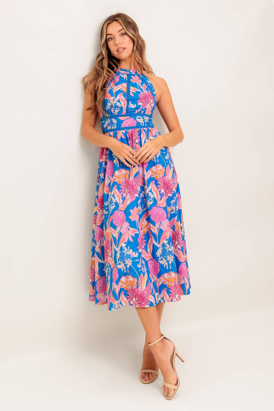 Lady Black Tie - Solana Midi Dress - Blue & Pink Floral Halter Dress - Size L Lady Black Tie - Solana Midi Dress - Blue & Pink Floral Halter Dress - Size L