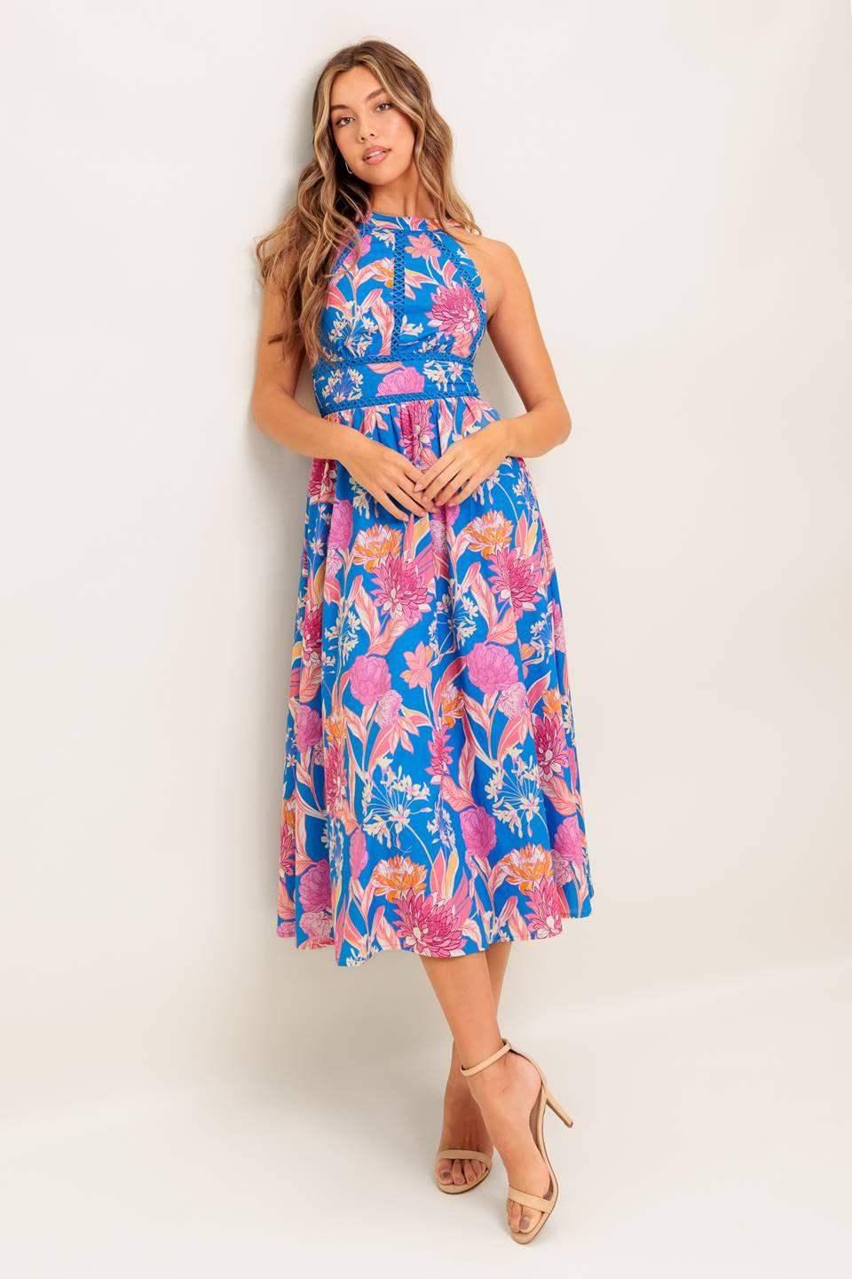 SOLANA MIDI DRESS - BLUE & PINK FLORAL HALTER DRESS