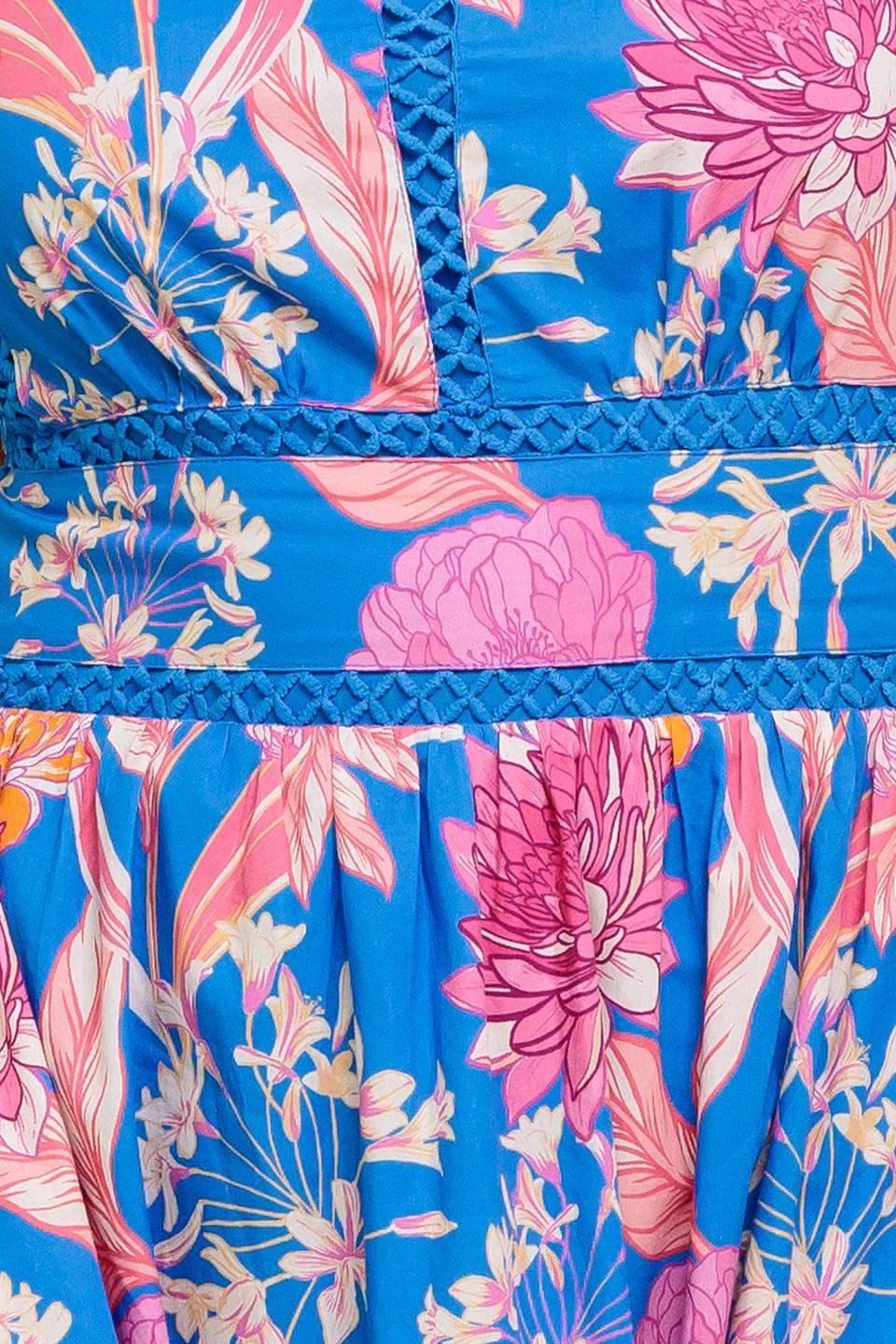 SOLANA MIDI DRESS - BLUE & PINK FLORAL HALTER DRESS