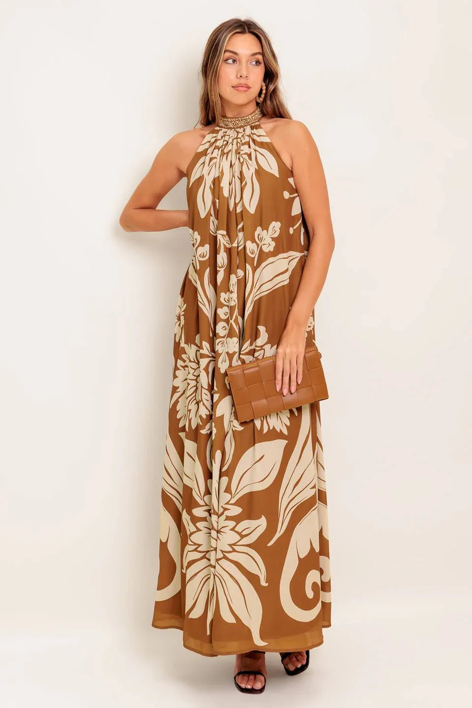 リルアー　drape design dress M-Long brown Our Draped t-shirt dress now introduced with full sleeve