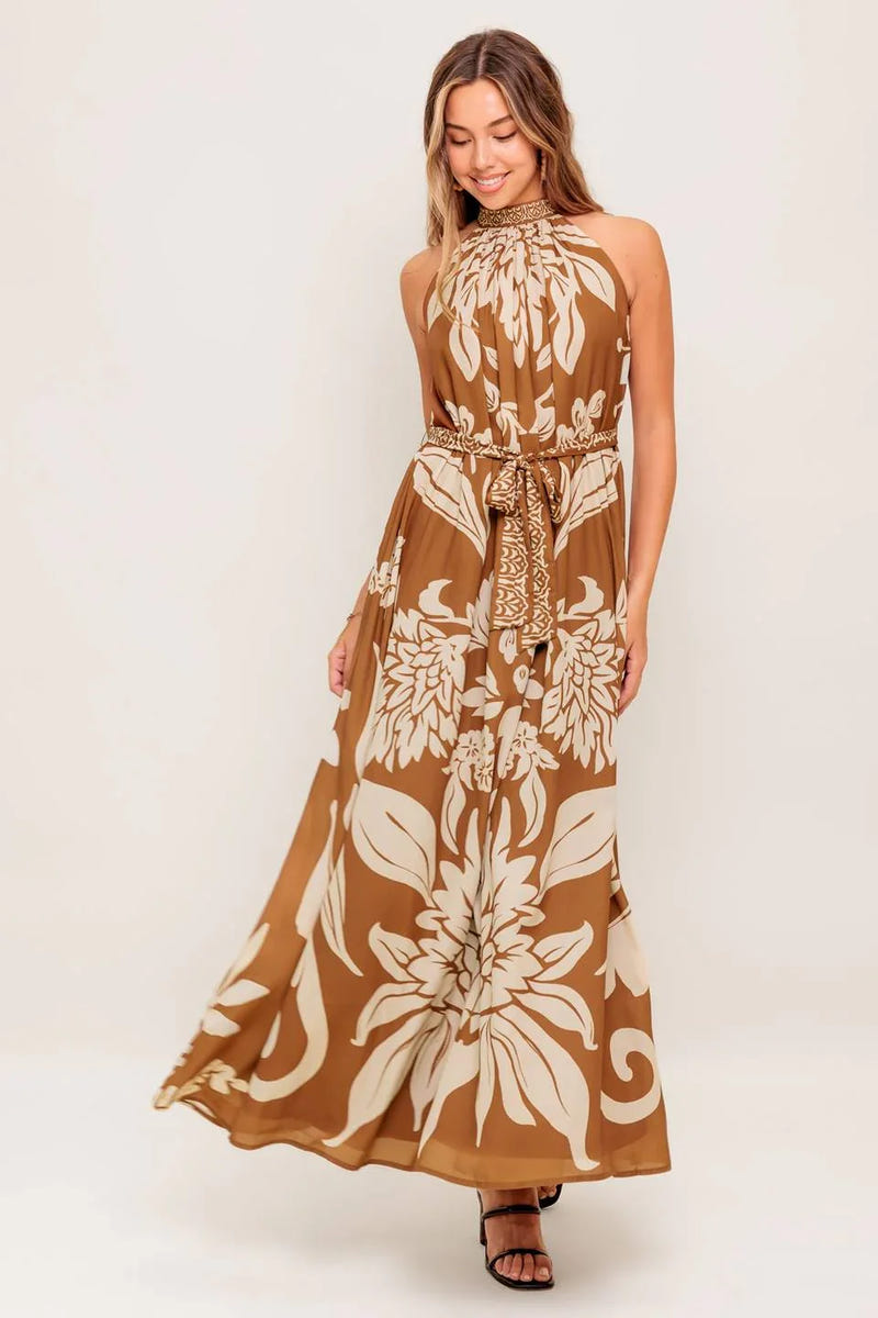 PILAR HALTER MAXI DRESS - BROWN