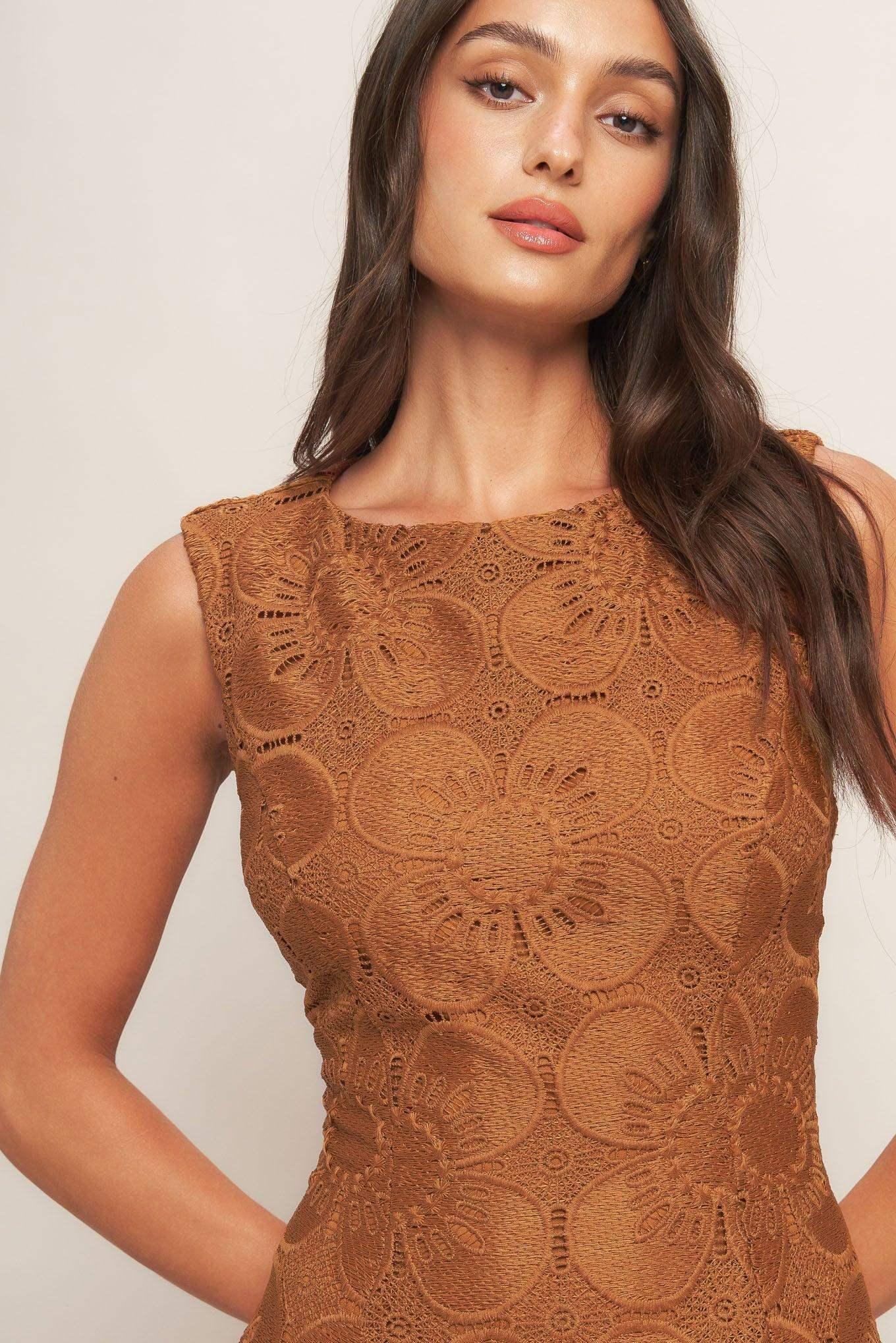 AUTUMN BLOOM LACE MINI DRESS - BROWN