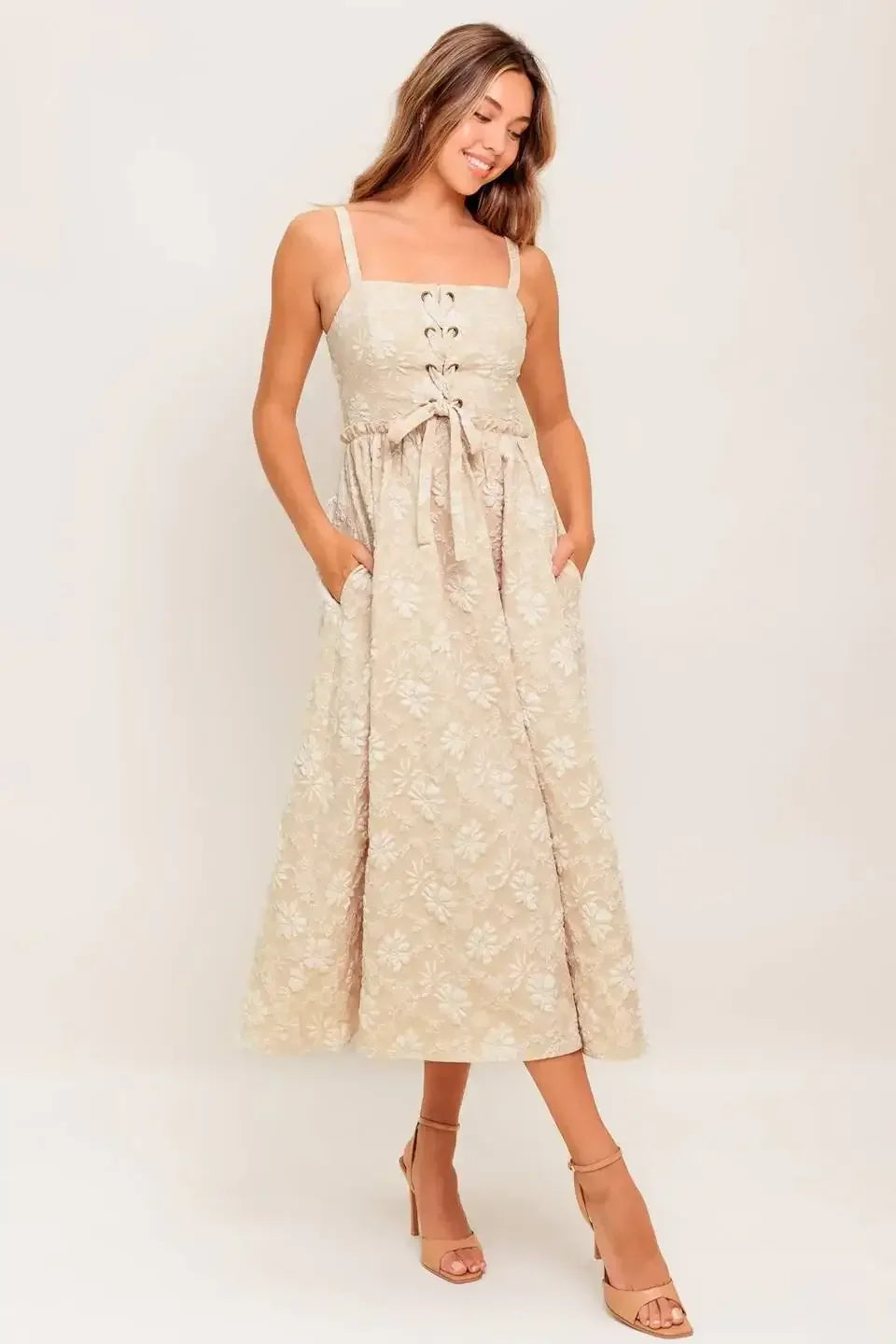 ELOISE MIDI DRESS - LACE FRONT TAUPE JACQUARD DRESS