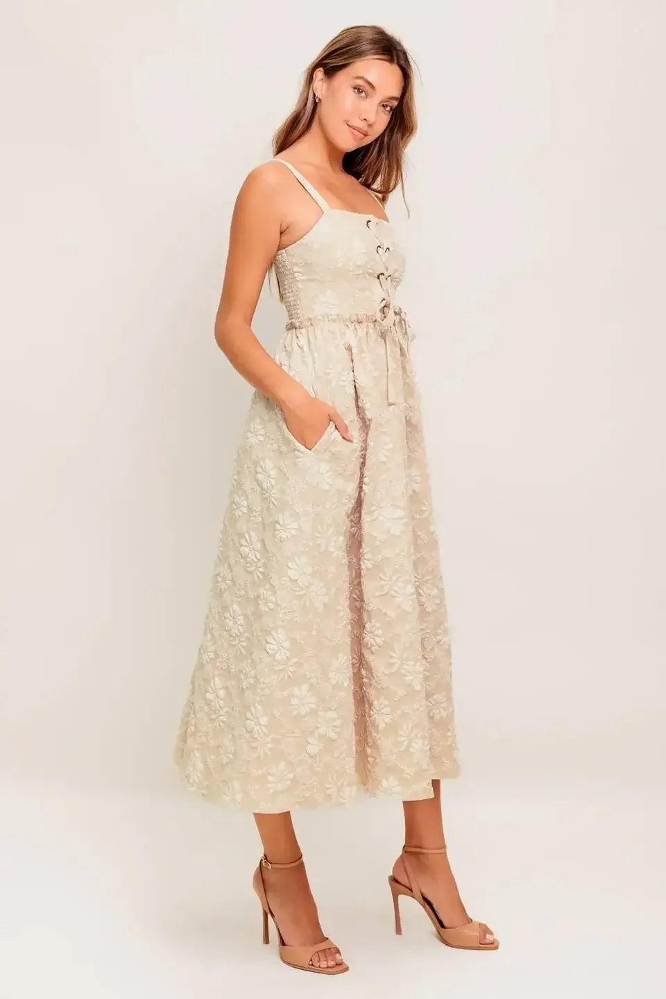 ELOISE MIDI DRESS - LACE FRONT TAUPE JACQUARD DRESS