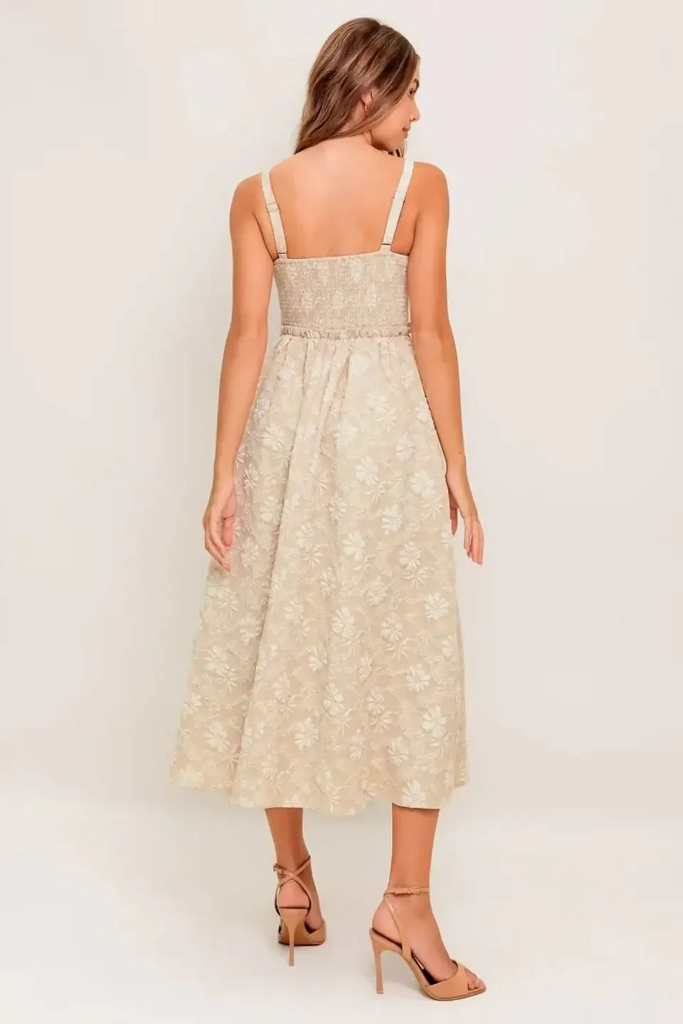 ELOISE MIDI DRESS - LACE FRONT TAUPE JACQUARD DRESS