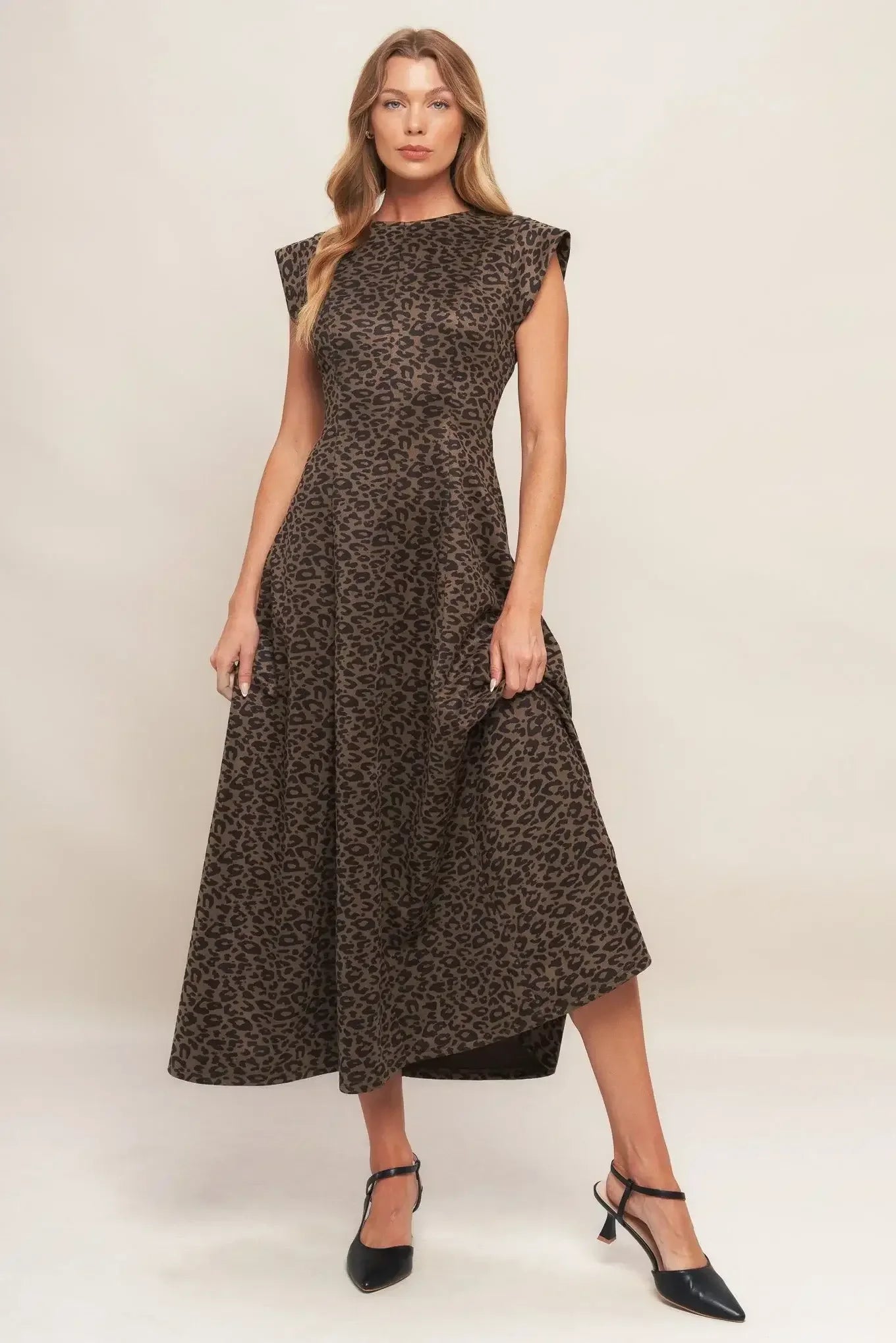 URBAN JUNGLE BROWN LEOPARD SUEDED KNIT MIDI DRESS