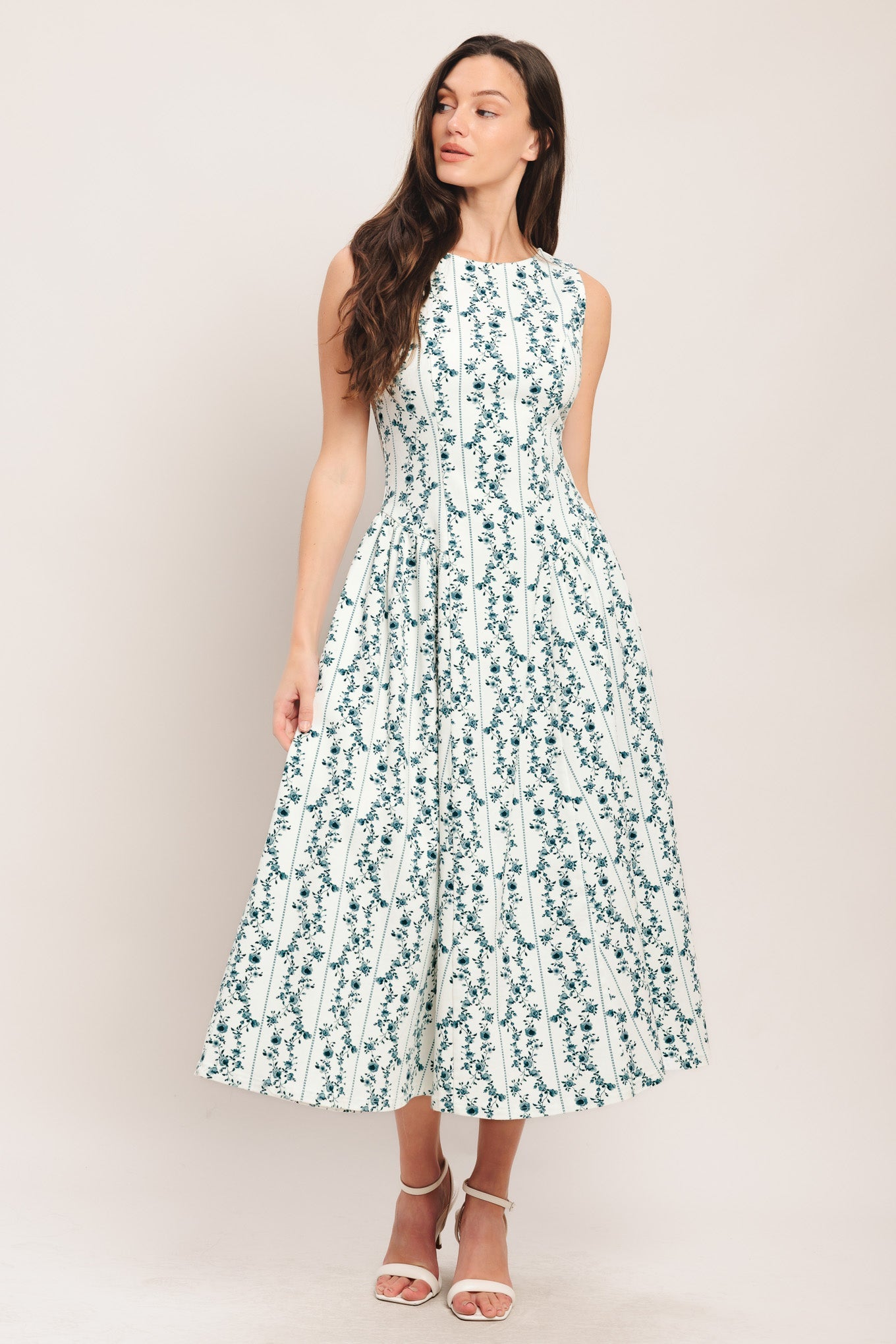 BLOOM COLUMNS BLUE FLORAL MIDI DRESS