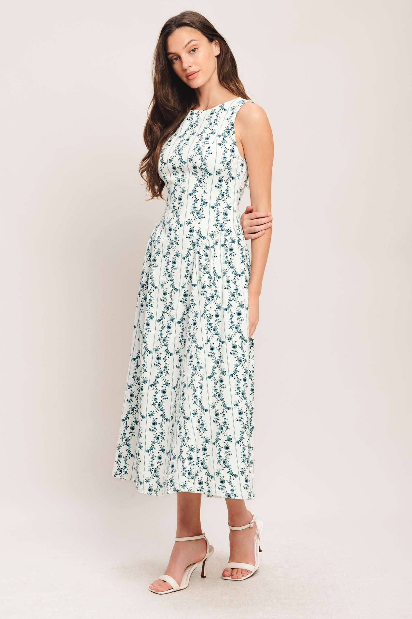 BLOOM COLUMNS BLUE FLORAL MIDI DRESS