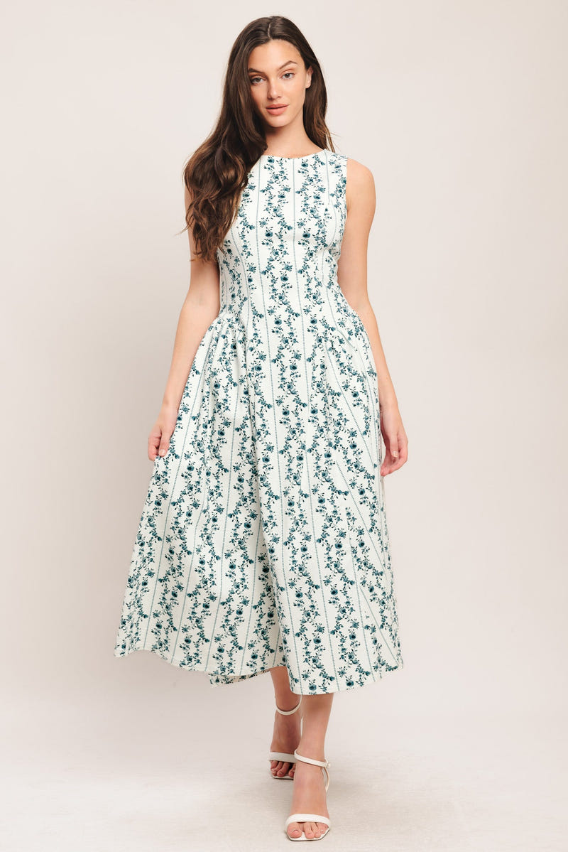 BLOOM COLUMNS BLUE FLORAL MIDI DRESS