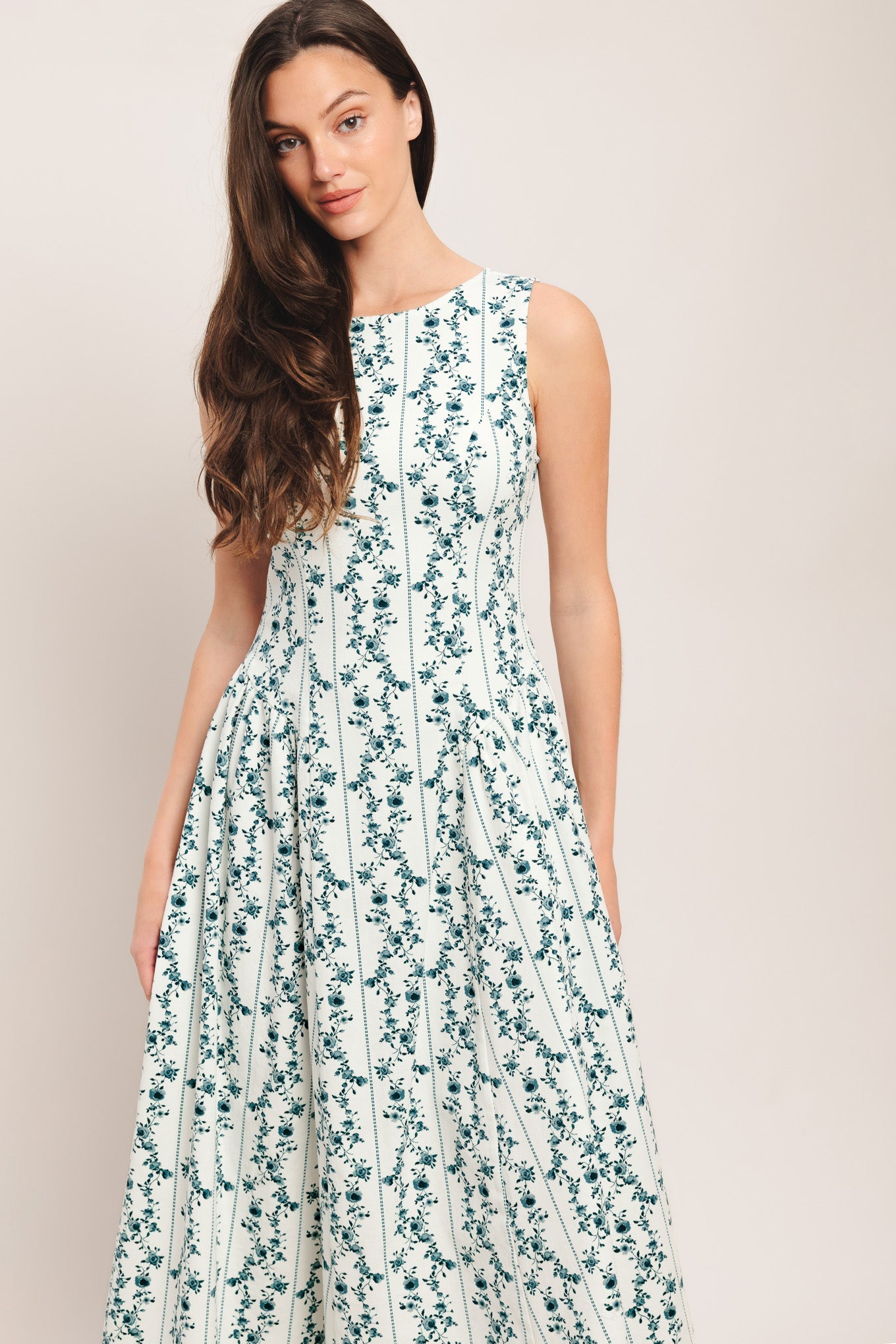 BLOOM COLUMNS BLUE FLORAL MIDI DRESS