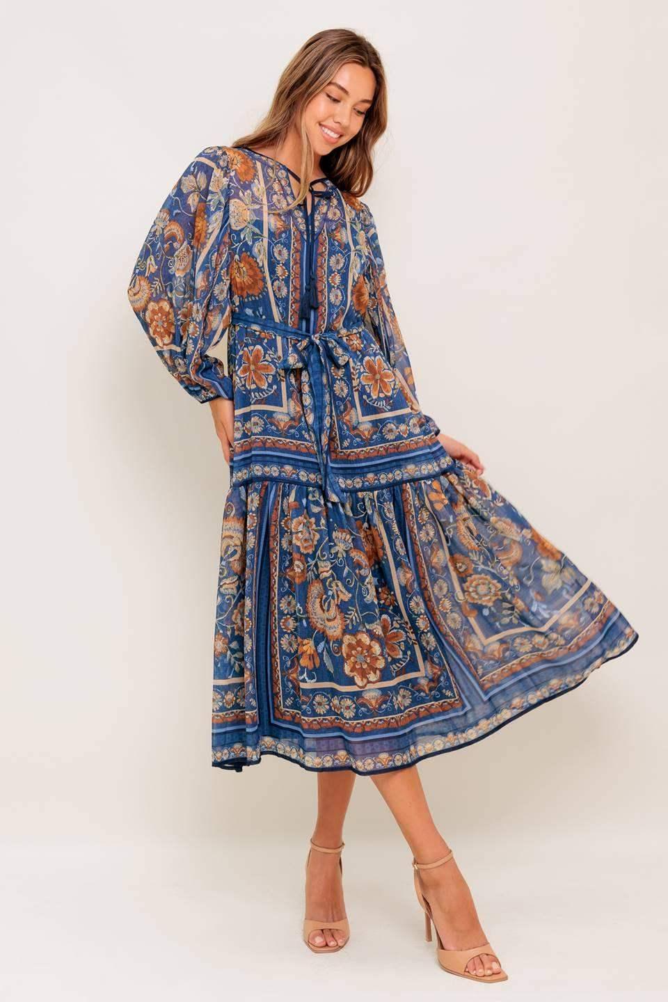 BOHEMIAN TAPESTRY BLUE MIDI DRESS