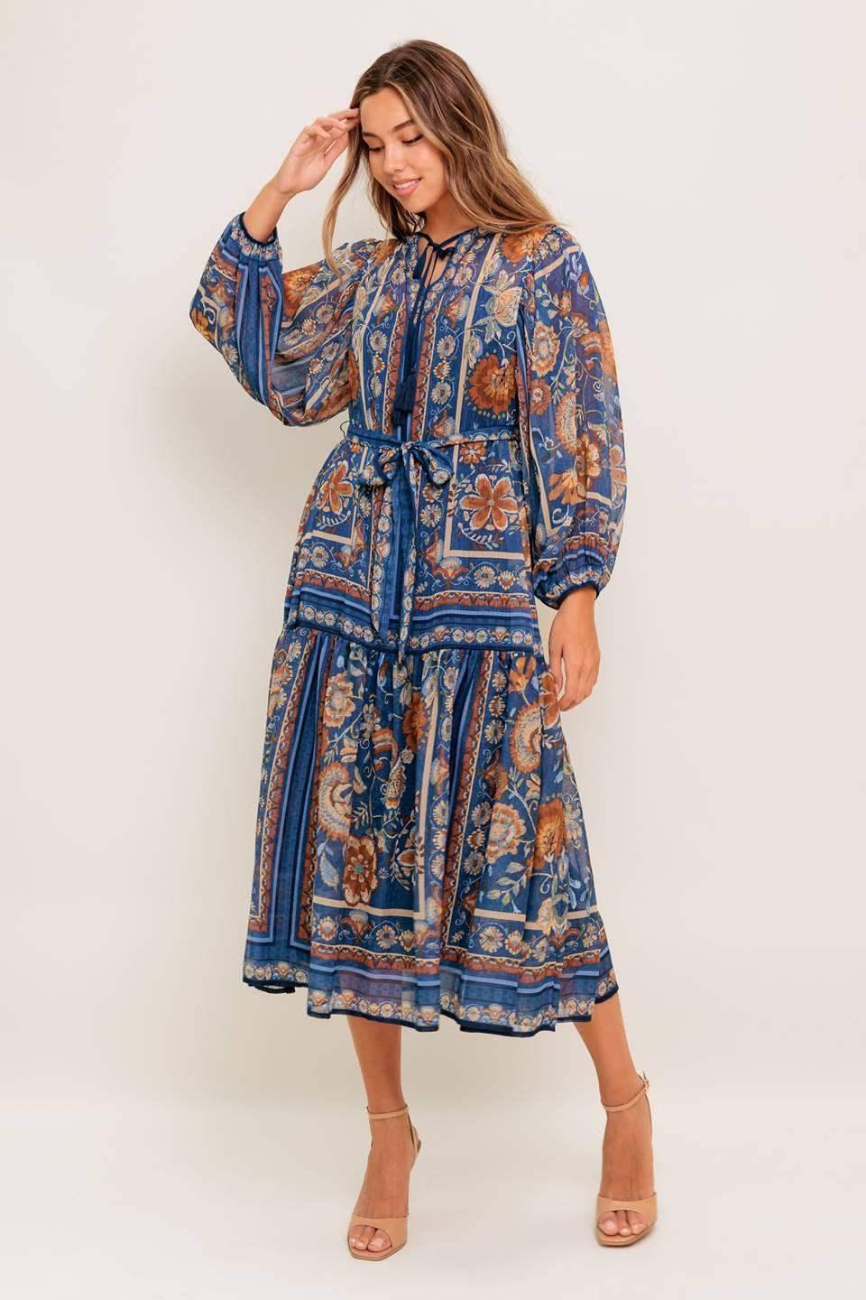 BOHEMIAN TAPESTRY BLUE MIDI DRESS