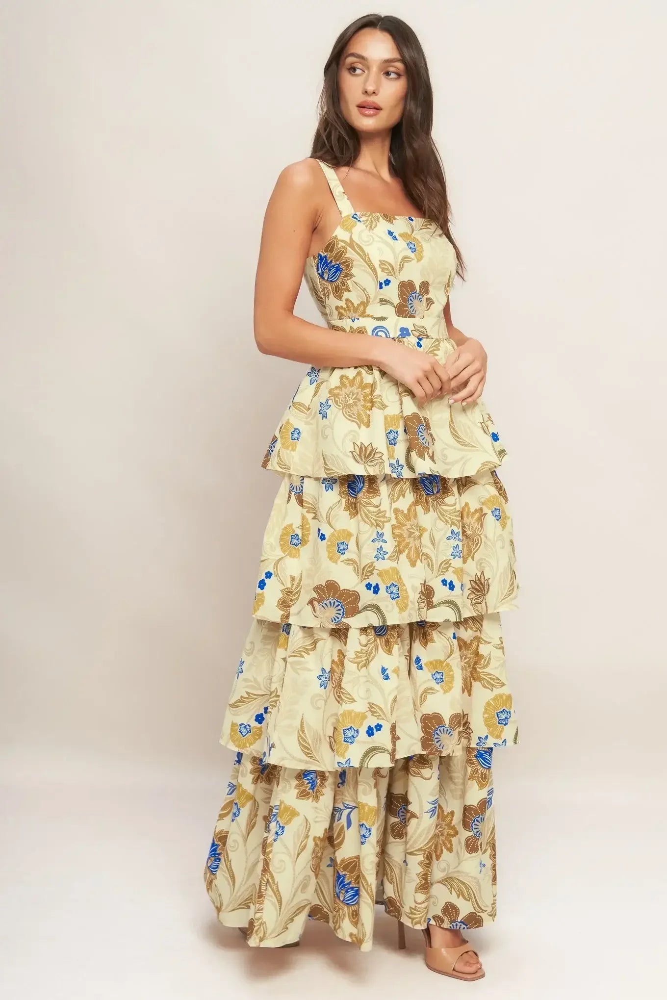 IVORY & BROWN PRINT TIERED MAXI DRESS