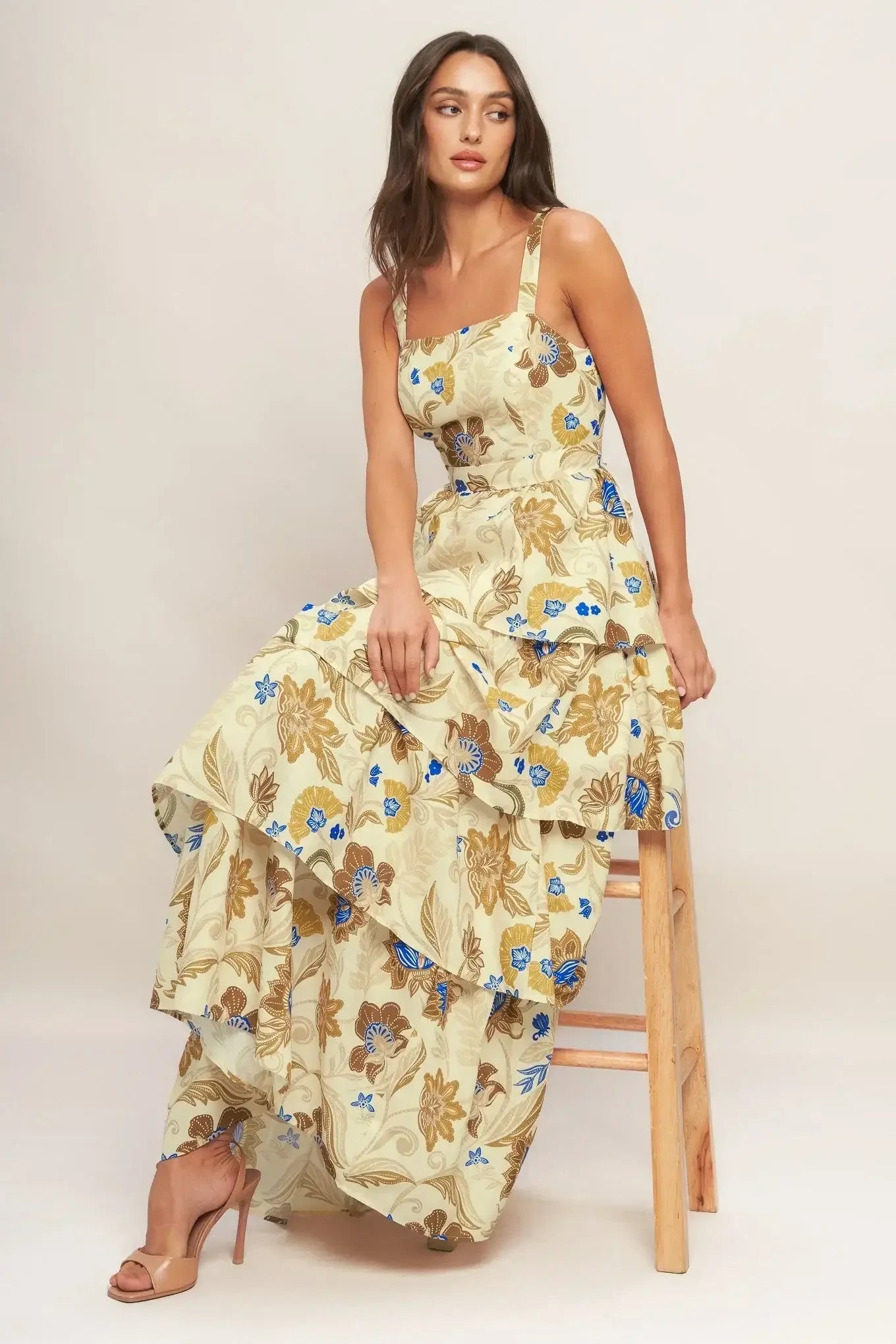 IVORY & BROWN PRINT TIERED MAXI DRESS