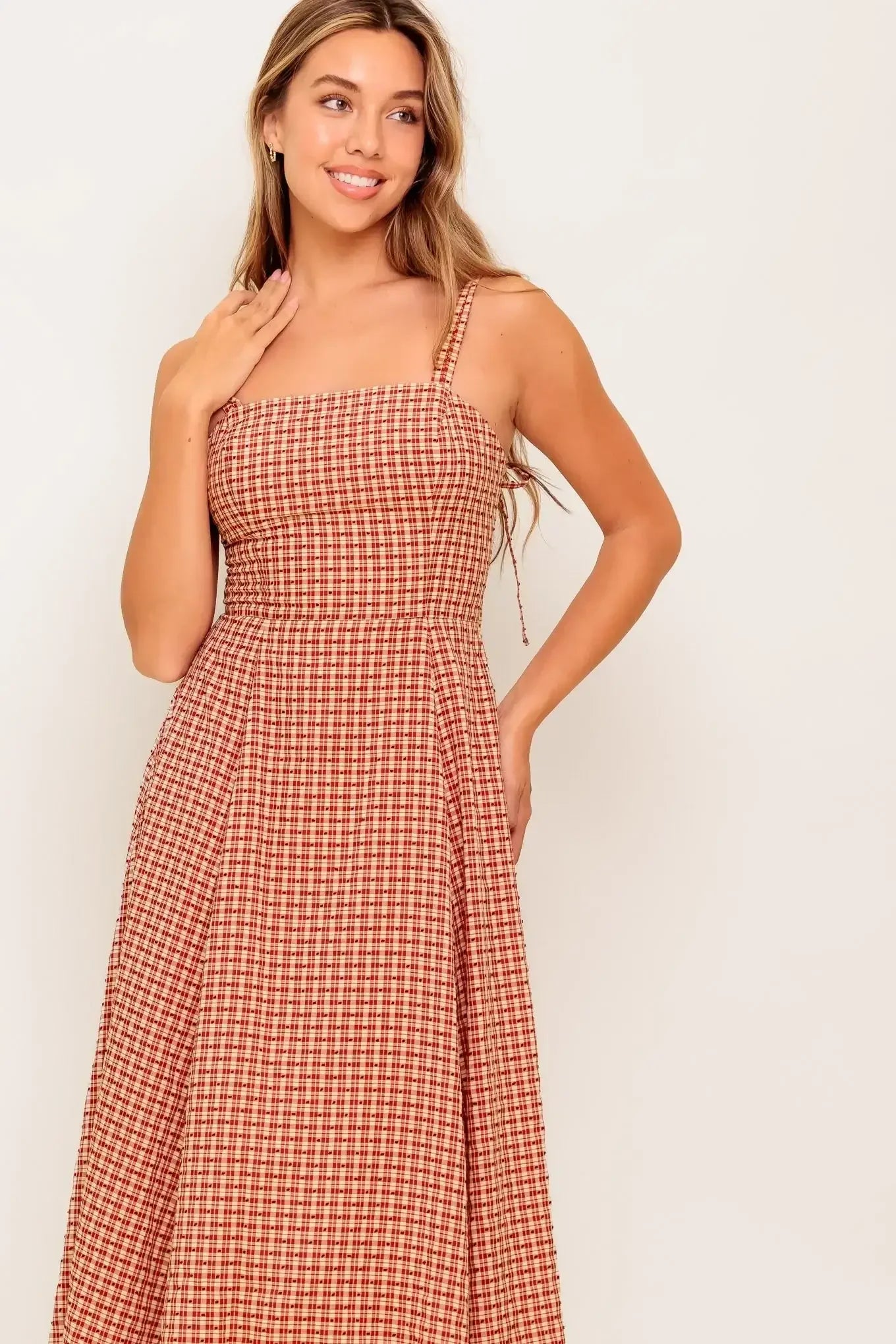 GINGHAM CHARM PLAID MIDI DRESS