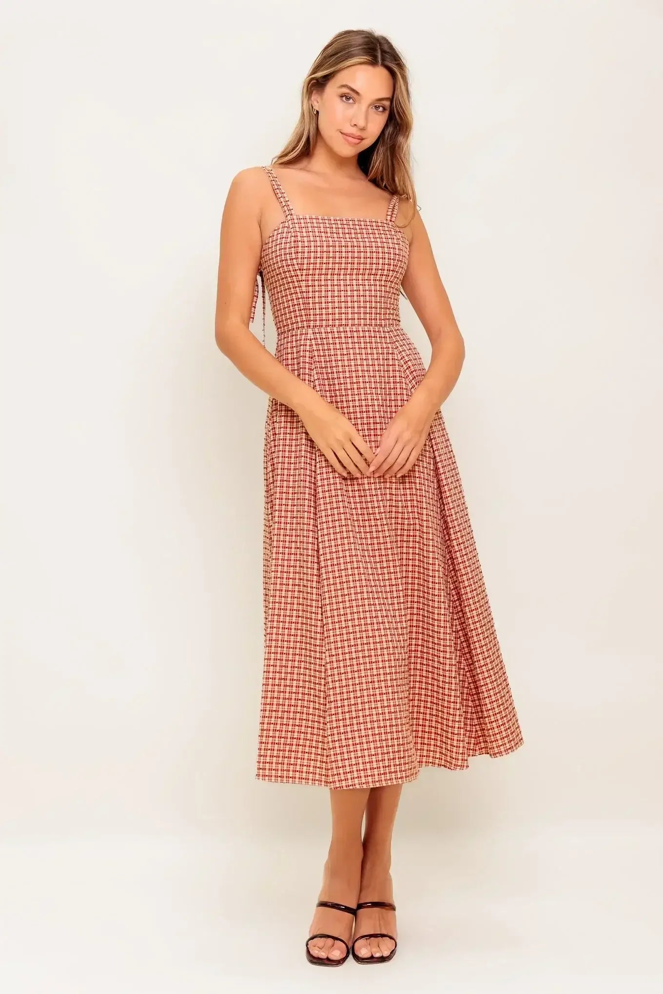 GINGHAM CHARM PLAID MIDI DRESS