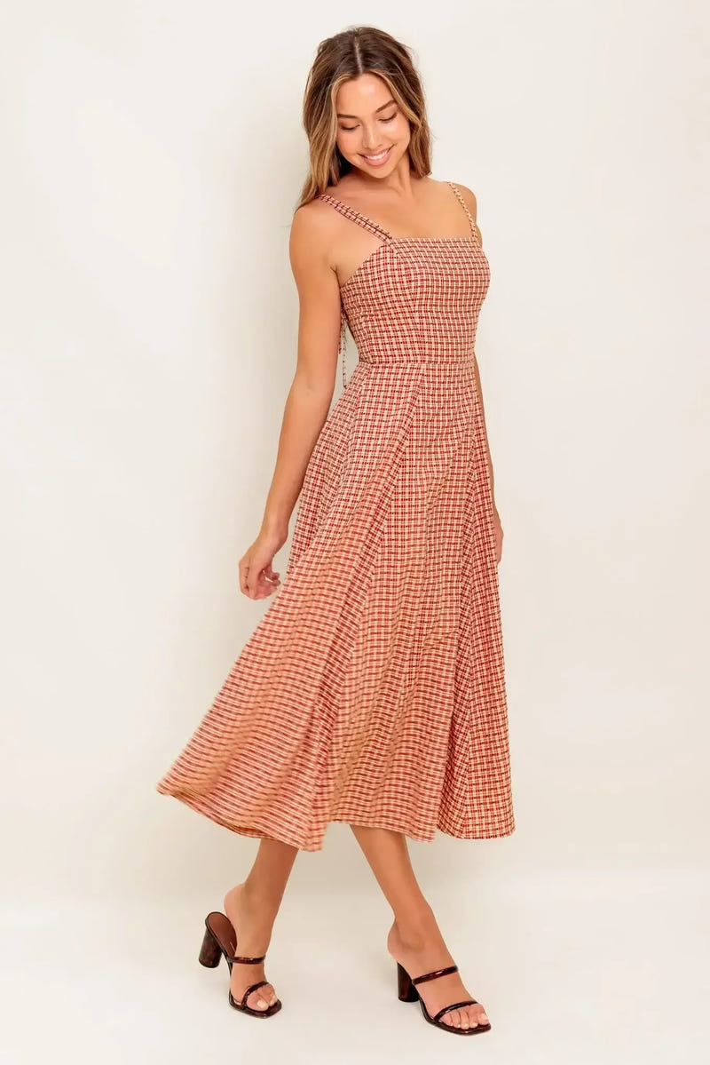 GINGHAM CHARM PLAID MIDI DRESS