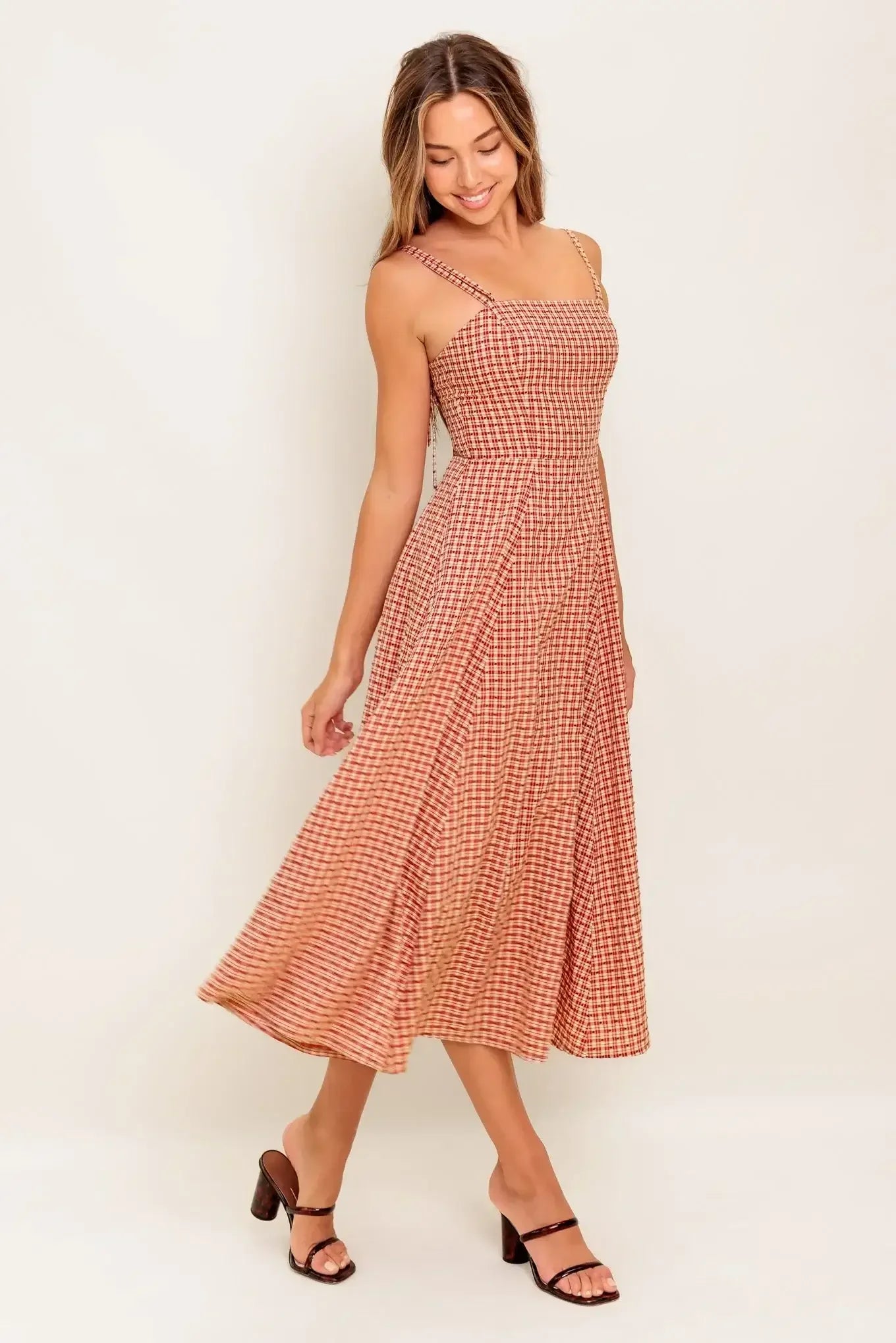 GINGHAM CHARM PLAID MIDI DRESS