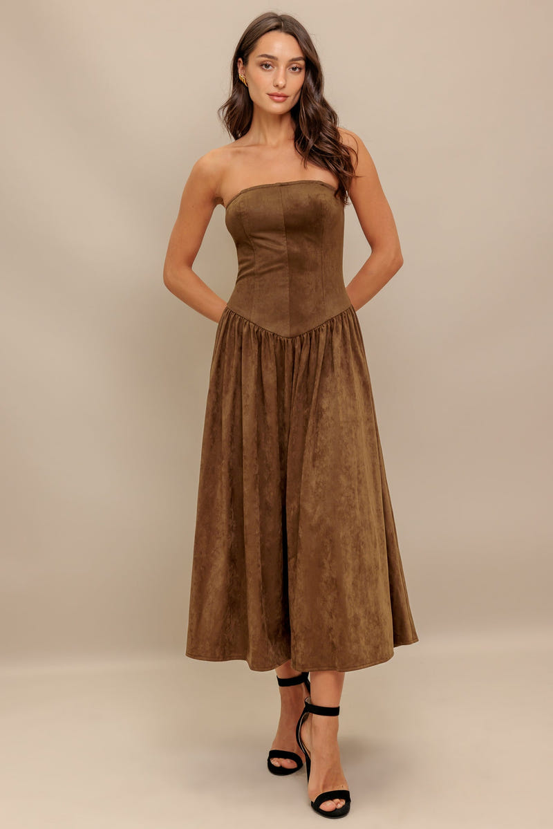 brown formal dress midi Brown Velvet A-line Midi Dress with Gold Crystal Embellished Evening Dress