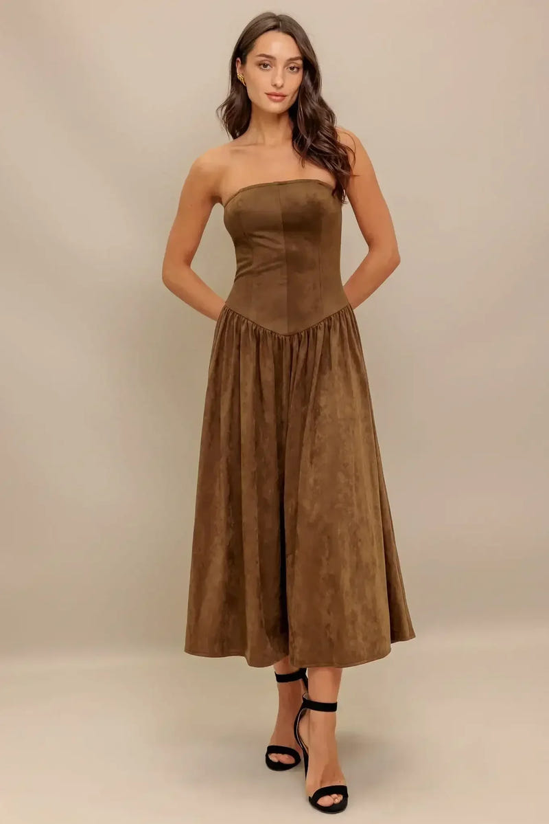 WILD ESPRESSO BROWN FAUX SUEDE MIDI DRESS