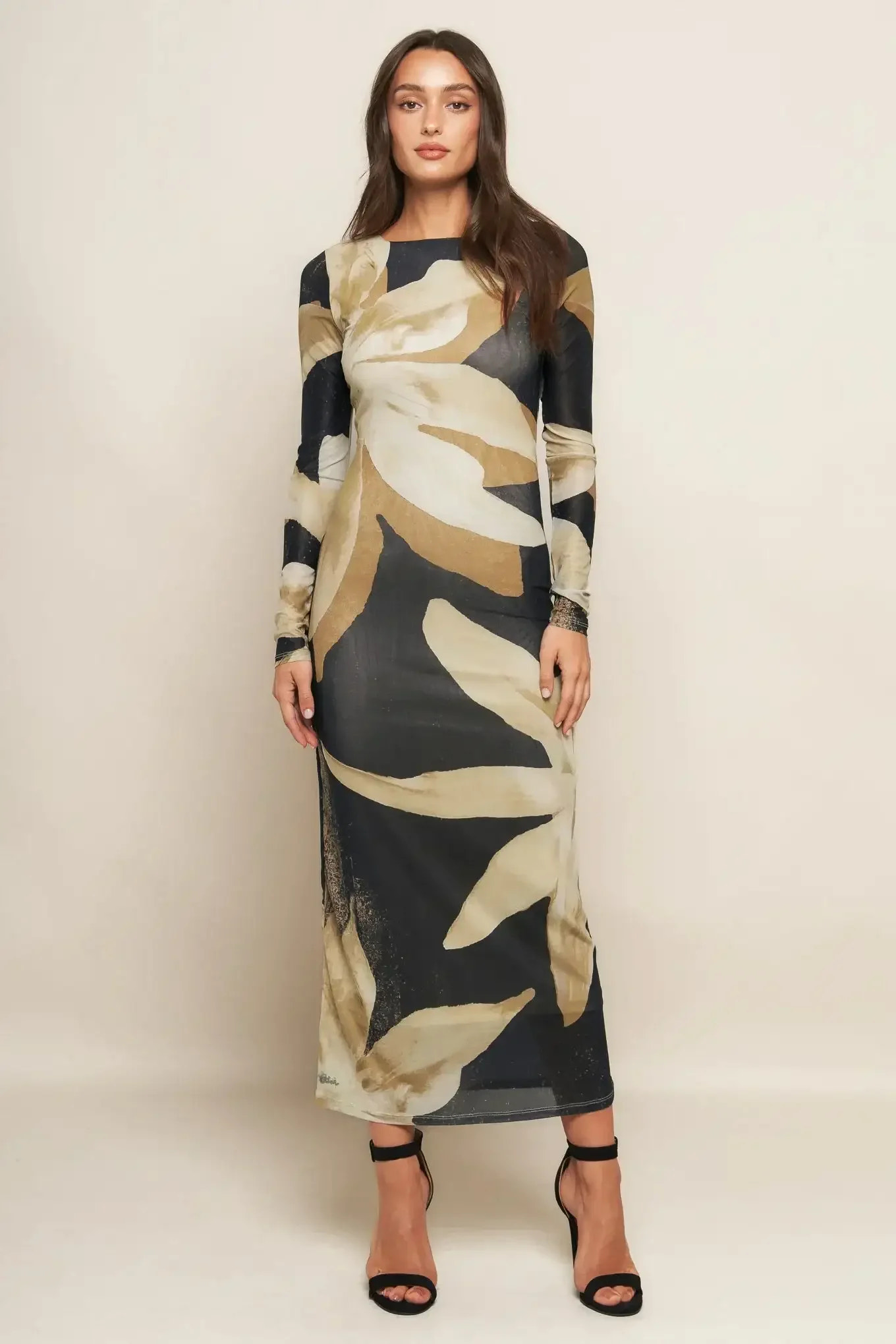 ABSTRACT BOTANICA LONG SLEEVE POWER MESH MIDI DRESS